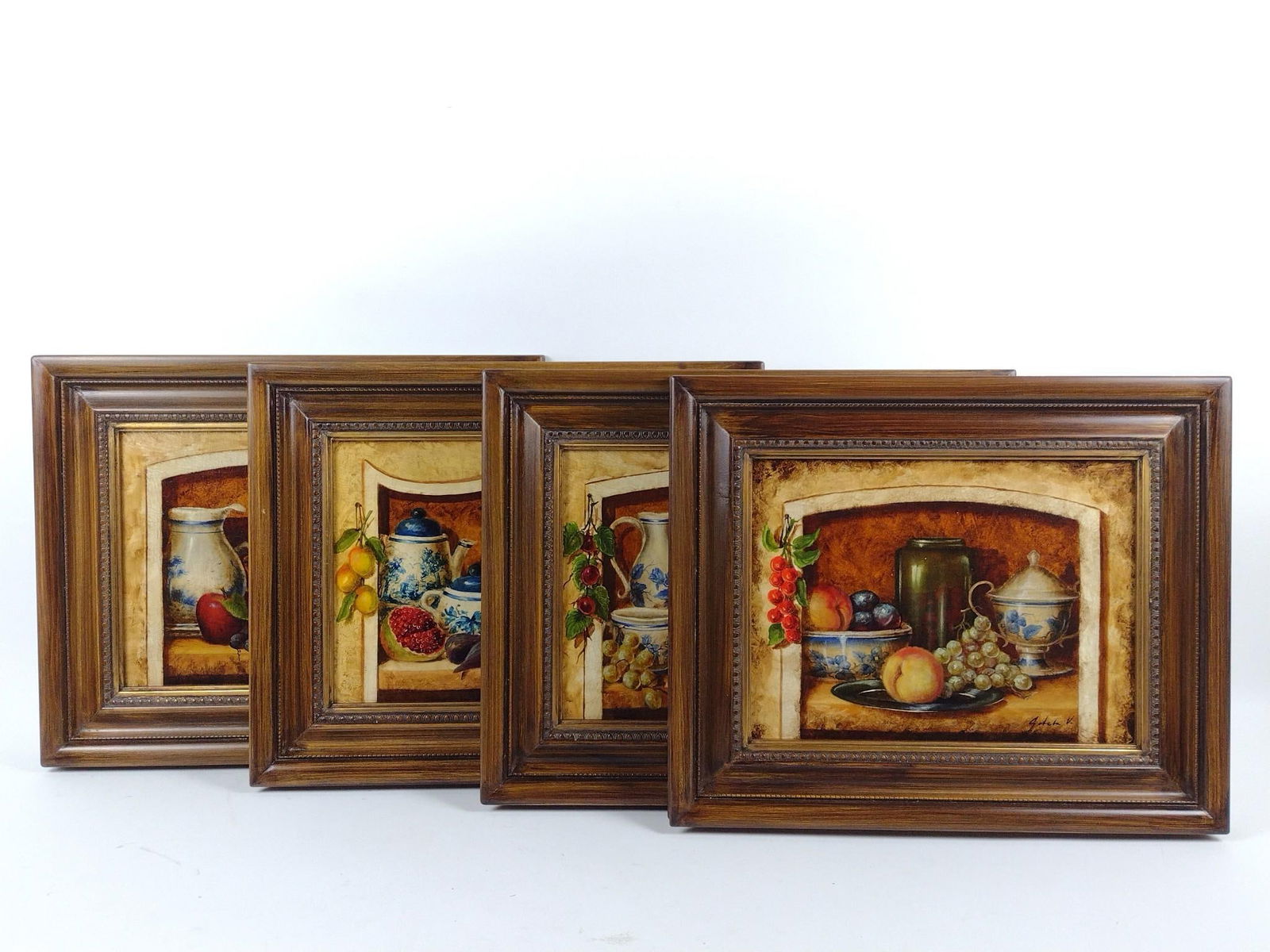 4 Adela Vildoso Still Life Paintings: NOT ELIGIBLE FOR IN-HOUSE SHIPPING. Adela Vildoso was born in Lima, Peru. Each sight: 11-1/2" high x 15-1/2" wide. Overall with frame: 18-1/4" high x 22-1/4" wide.