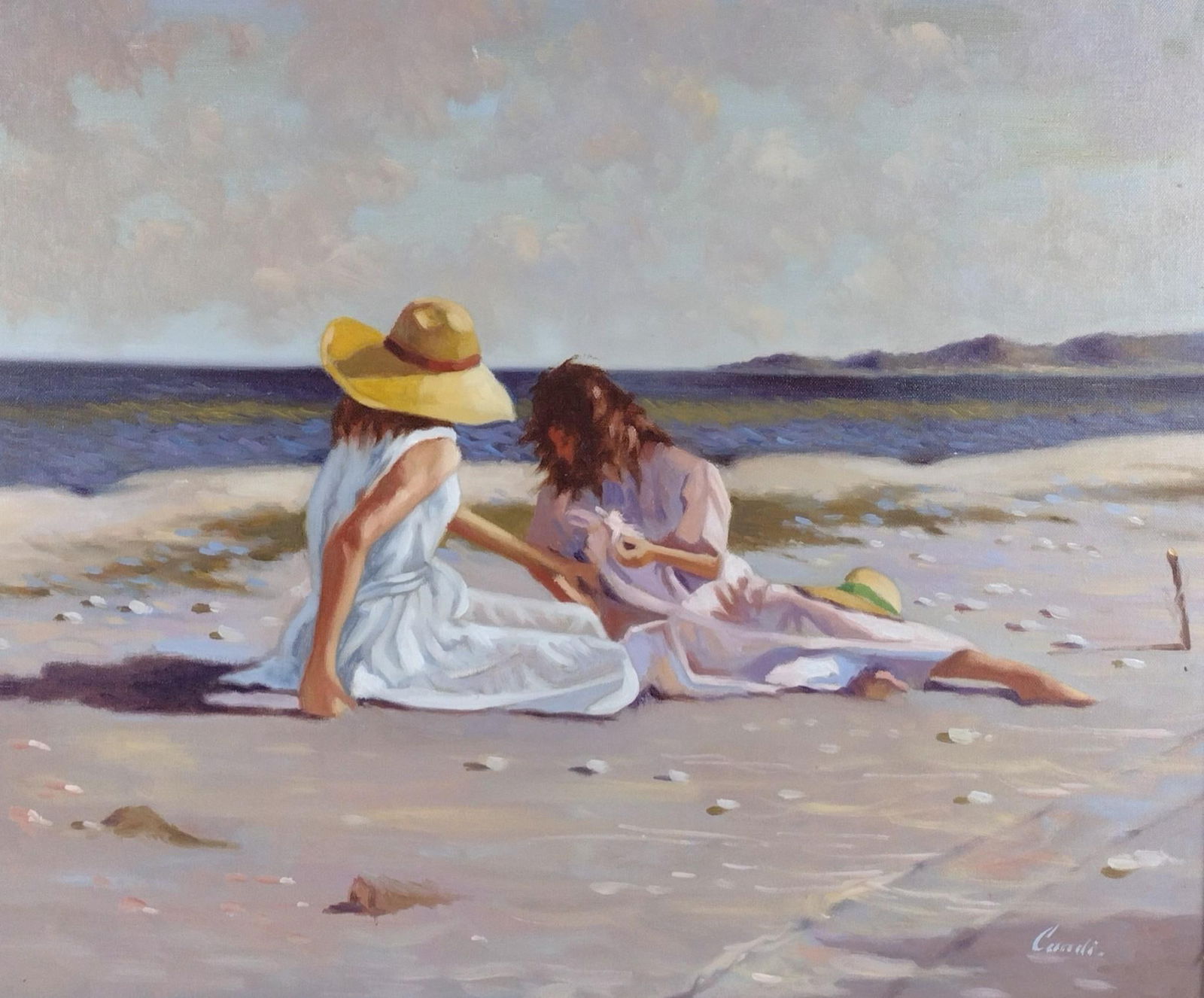 Lugano Candi 1948 "Girls at Ocean" Oil On Canvas Painting: NOT ELIGIBLE FOR IN-HOUSE SHIPPING. Sight: 19-1/2" high x 23-1/2" wide. Overall with frame: 26-1/2" high x 30-1/2" high. Some losses to frame.