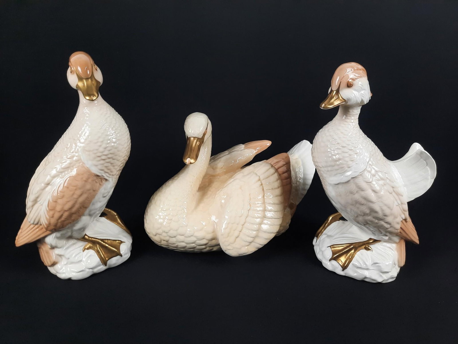 3 Italian Hand Painted Duck + Swan Figurines: 8" to 15" wide x 9-3/4" to 13-3/4" high.