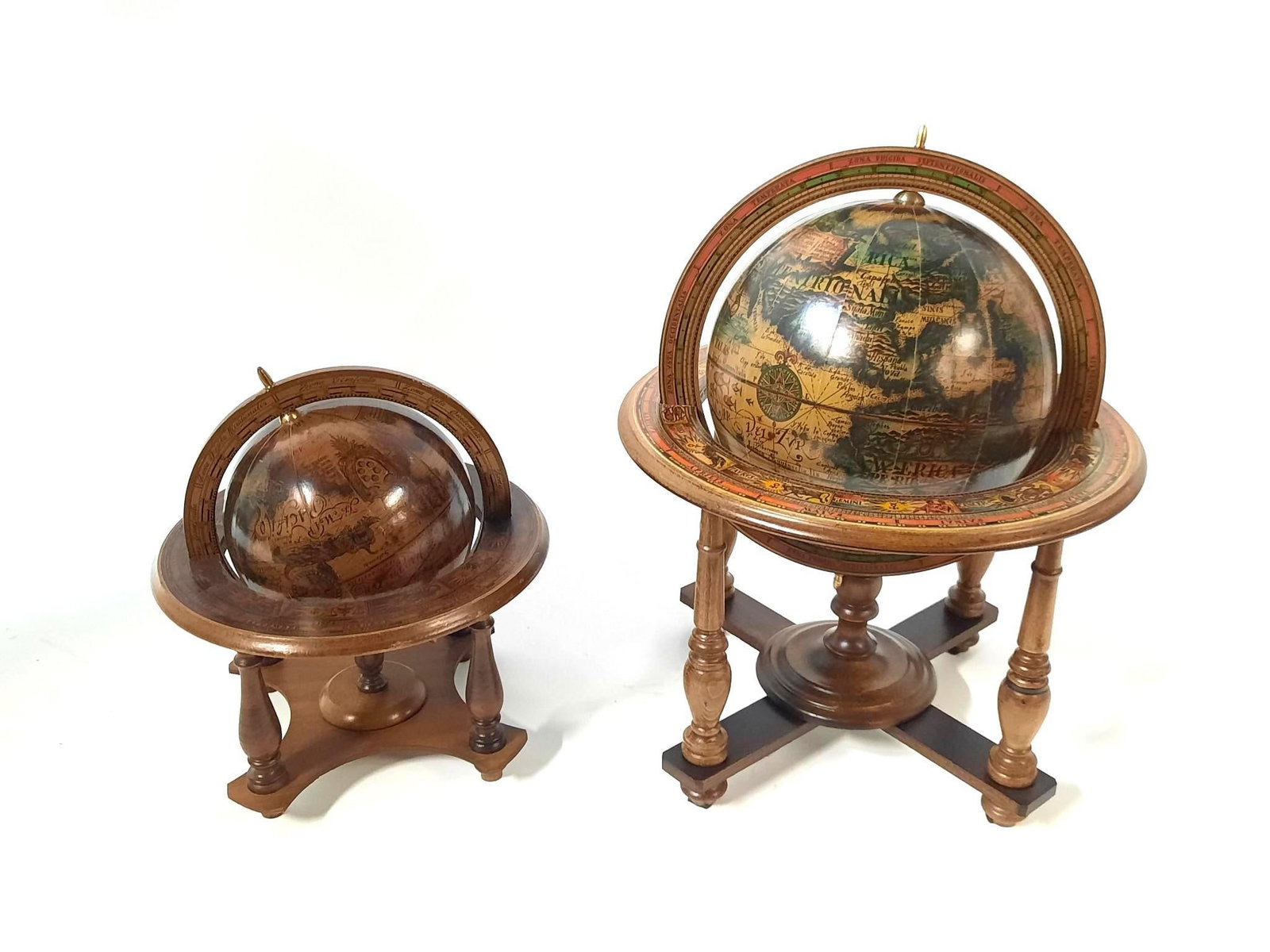 2 Florentia Italian Wood Globes: Each globe is 2 pieces (globe and stand). 10" to 13" diameter x 12" to 17" high.