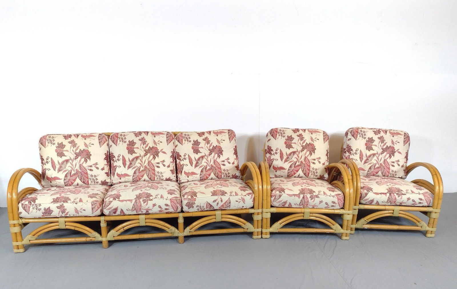 3 Pc Ritts Co Tropitan MCM Rattan: NOT ELIGIBLE FOR IN-HOUSE SHIPPING. Sofa 71" wide X 35-1/2" deep X 27-1/2" high. Arm Chairs 27" wide X 35-1/2" deep X 27-1/2" high. All Pcs have some scratches and discoloration.