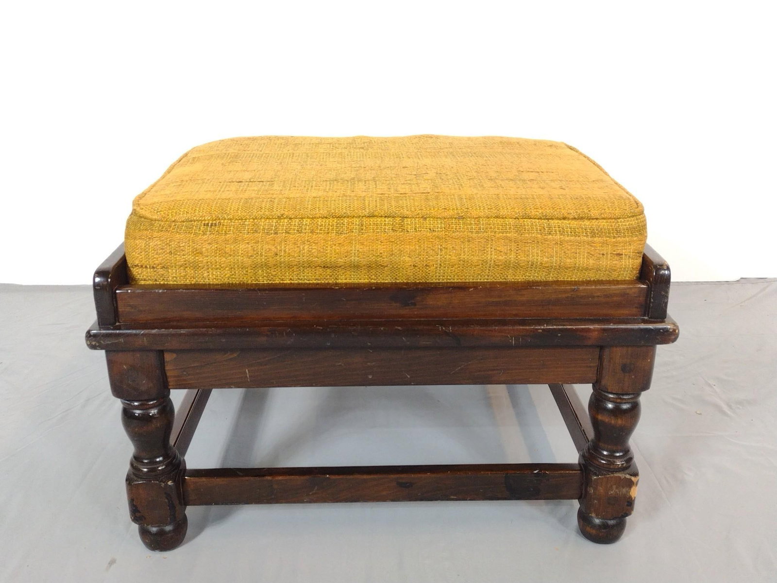 Foot Stool: NOT ELIGIBLE FOR IN-HOUSE SHIPPING. 24" wide X 20" deep X 16" high. Has some scratches and finish loss.