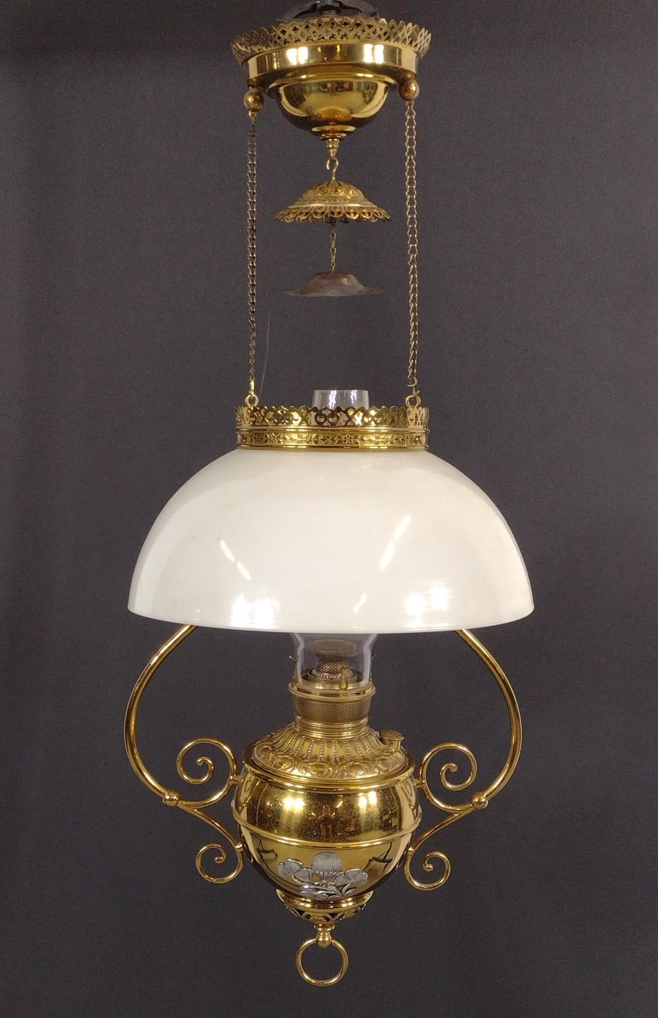 Hanging Oil Lamp: NOT ELIGIBLE FOR IN-HOUSE SHIPPING. 14" wide X 14" deep X 32" high.