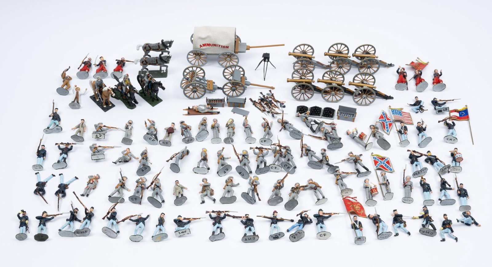 Approx. 110 Tin Soldiers: Includes mounted horses, soldiers, ammunition, and more. 1" to 2-1/4" wide x 2-3/4" to 3" high.