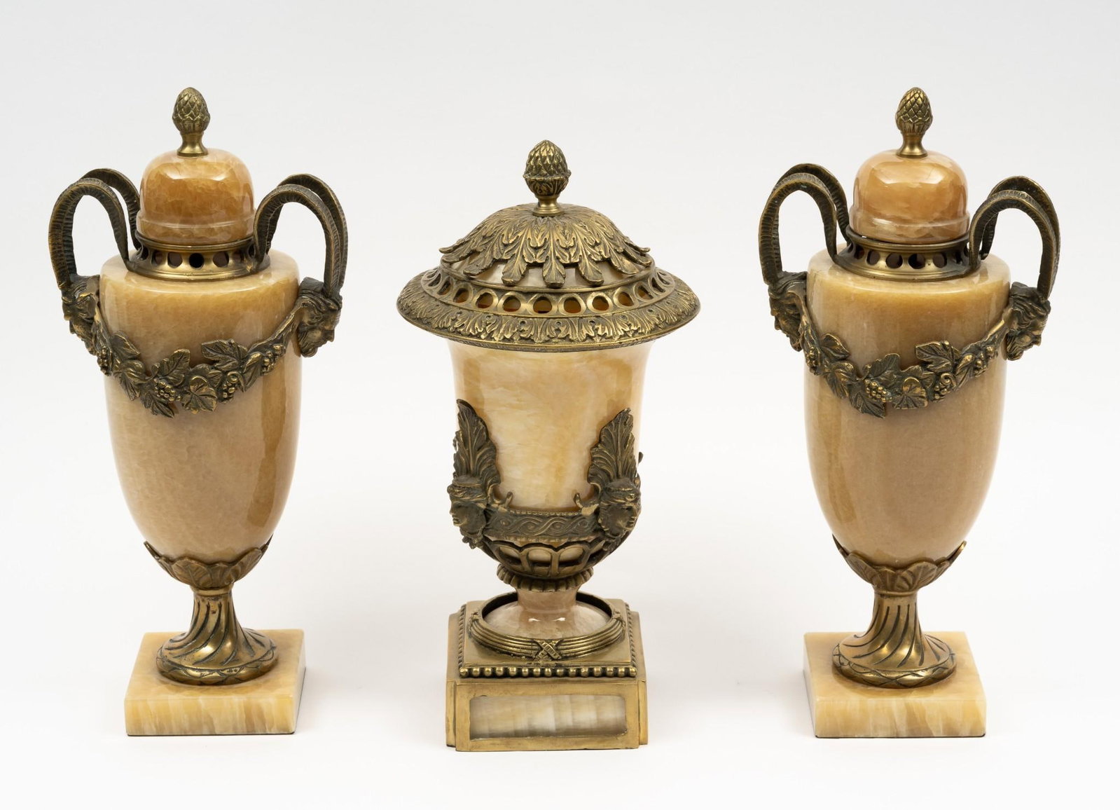 3 Glass Decorative Urns: 6-1/4" to 6-1/2" wide x 12-1/4" to 13-1/2" high.