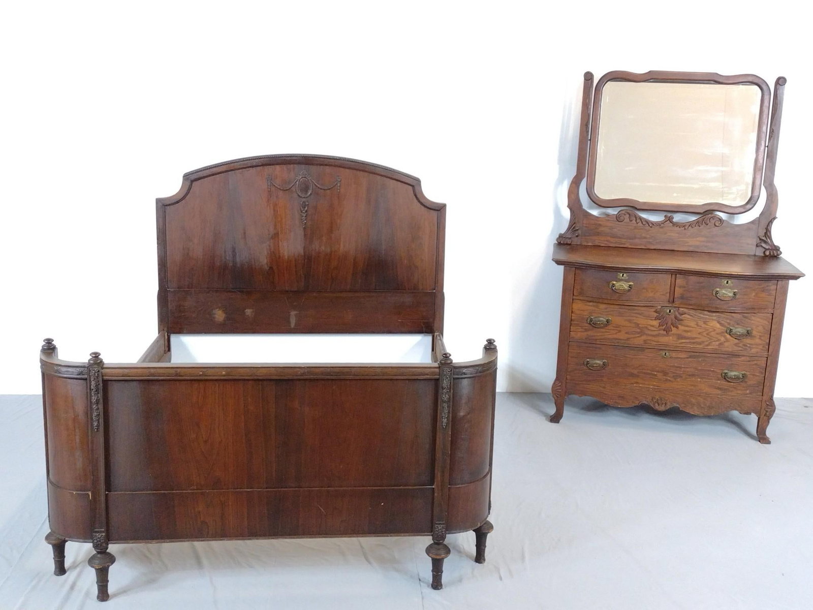 Bed & Dresser With Mirror: NOT ELIGIBLE FOR IN-HOUSE SHIPPING. Bed 57" wide X 79" deep X 50" high. Dresser with mirror 45" wide X 22" deep X 67" high. Both Pcs have scratches.