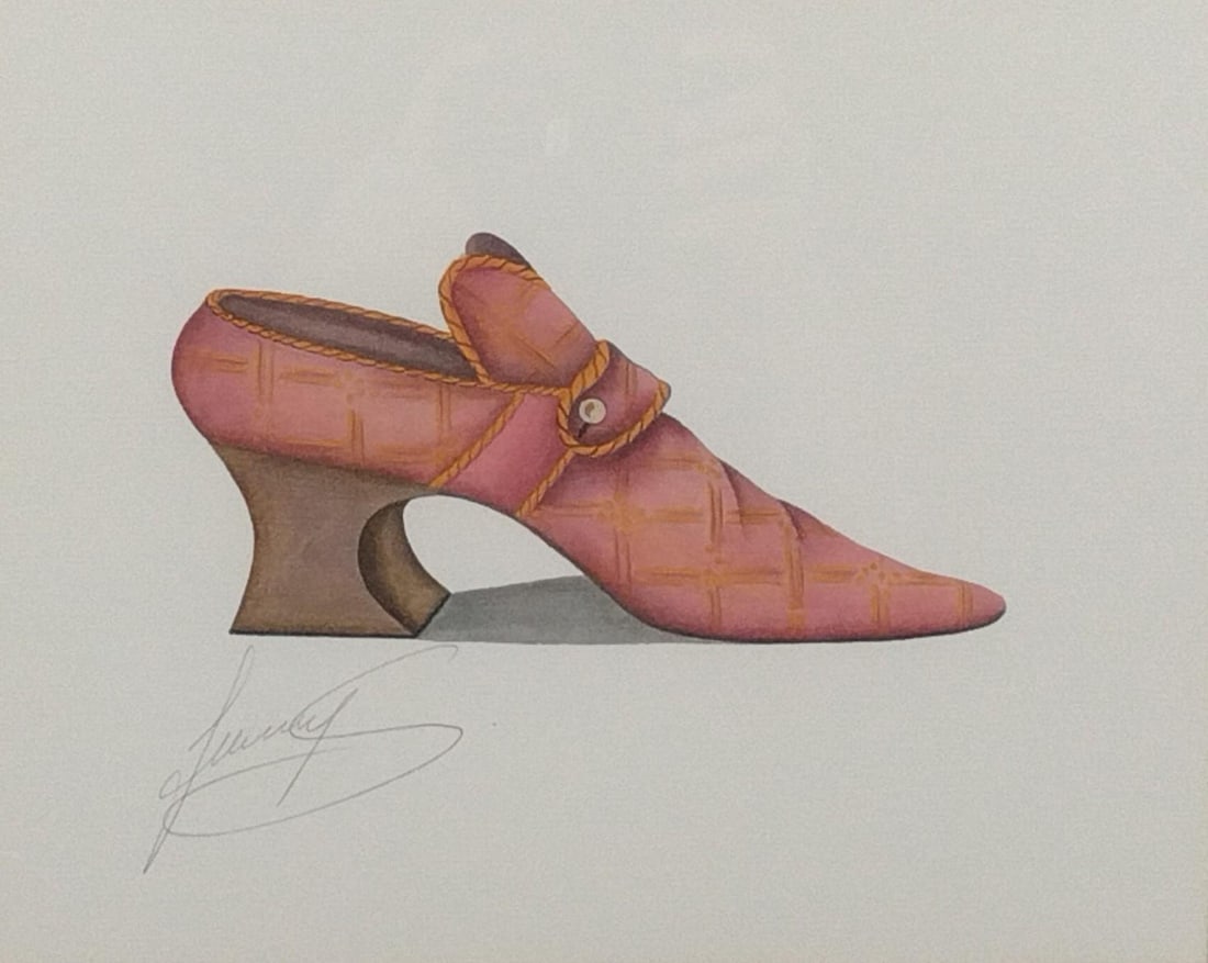 Pencil Signed Fashion Shoe Print: NOT ELIGIBLE FOR IN-HOUSE SHIPPING. Signature indecipherable. Sight: 10-1/2" high x 13-1/2" wide. Overall with frame: 21" high x 23-1/2" wide.