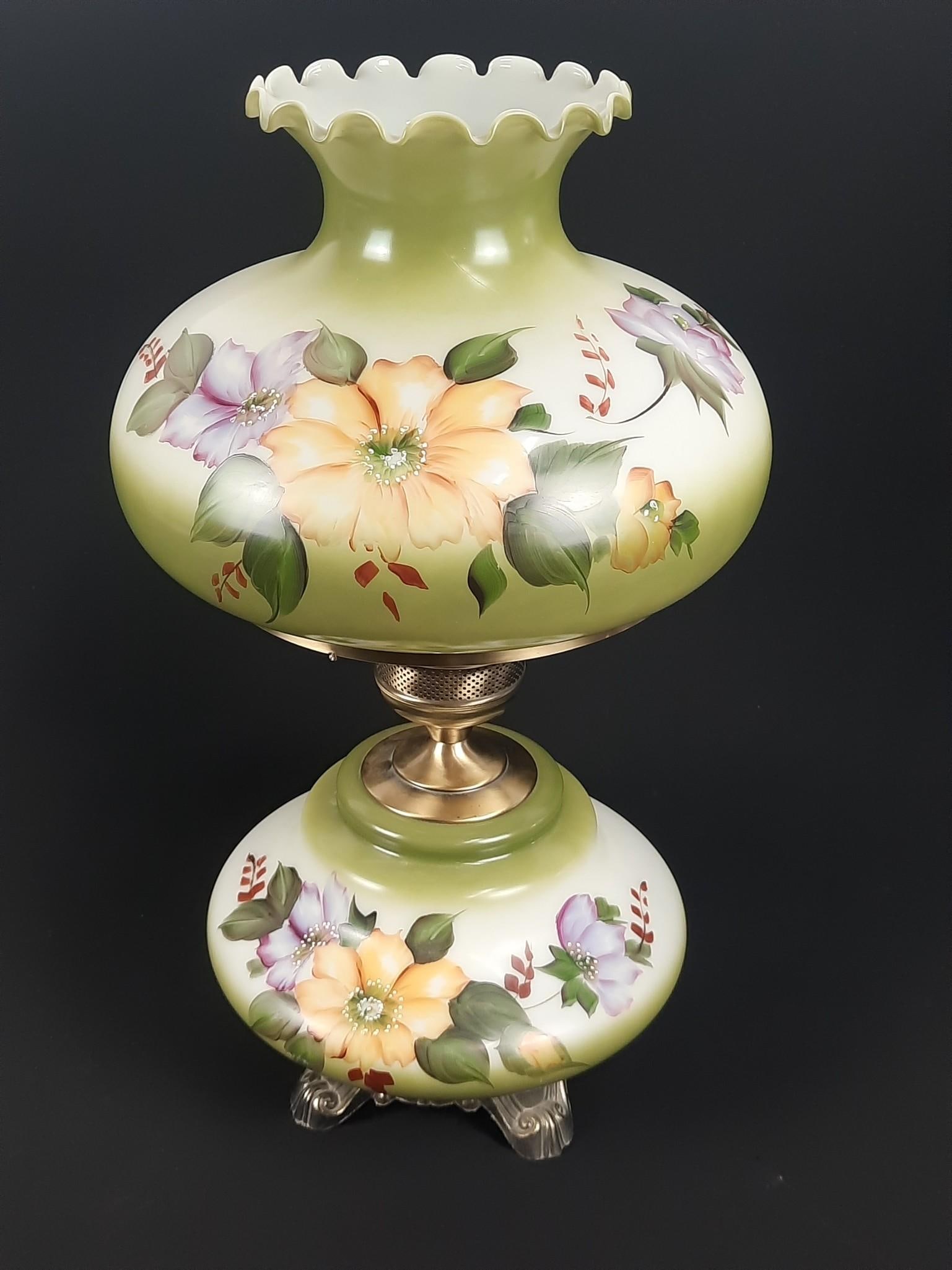 Floral Painted Gone with the Wind Lamp: NOT ELIGIBLE FOR IN-HOUSE SHIPPING. Working. Overall 13" diameter x 24" high.