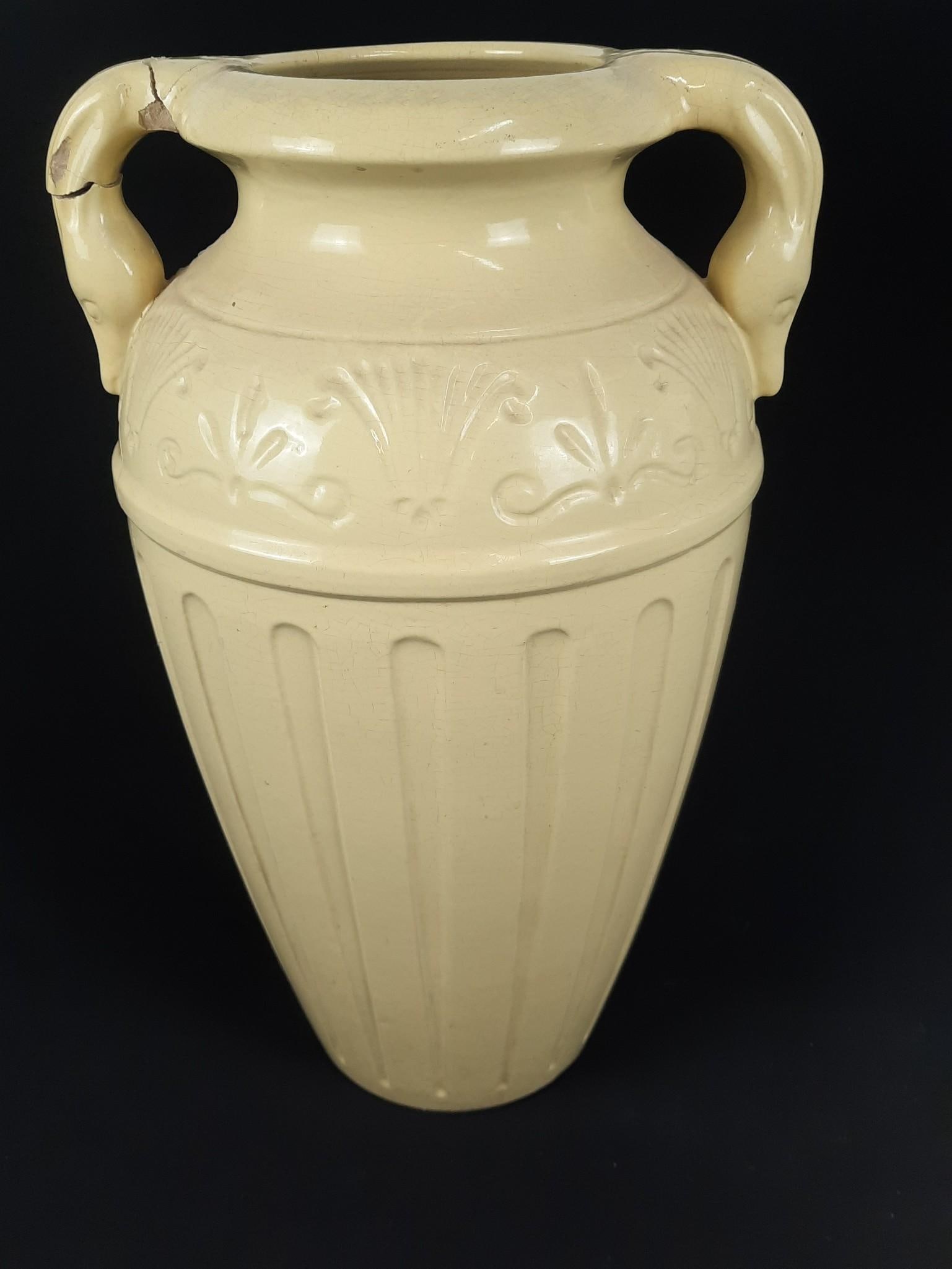 Ceramic Vase: 14" wide x 22-1/2" high. Handle repaired and with losses.