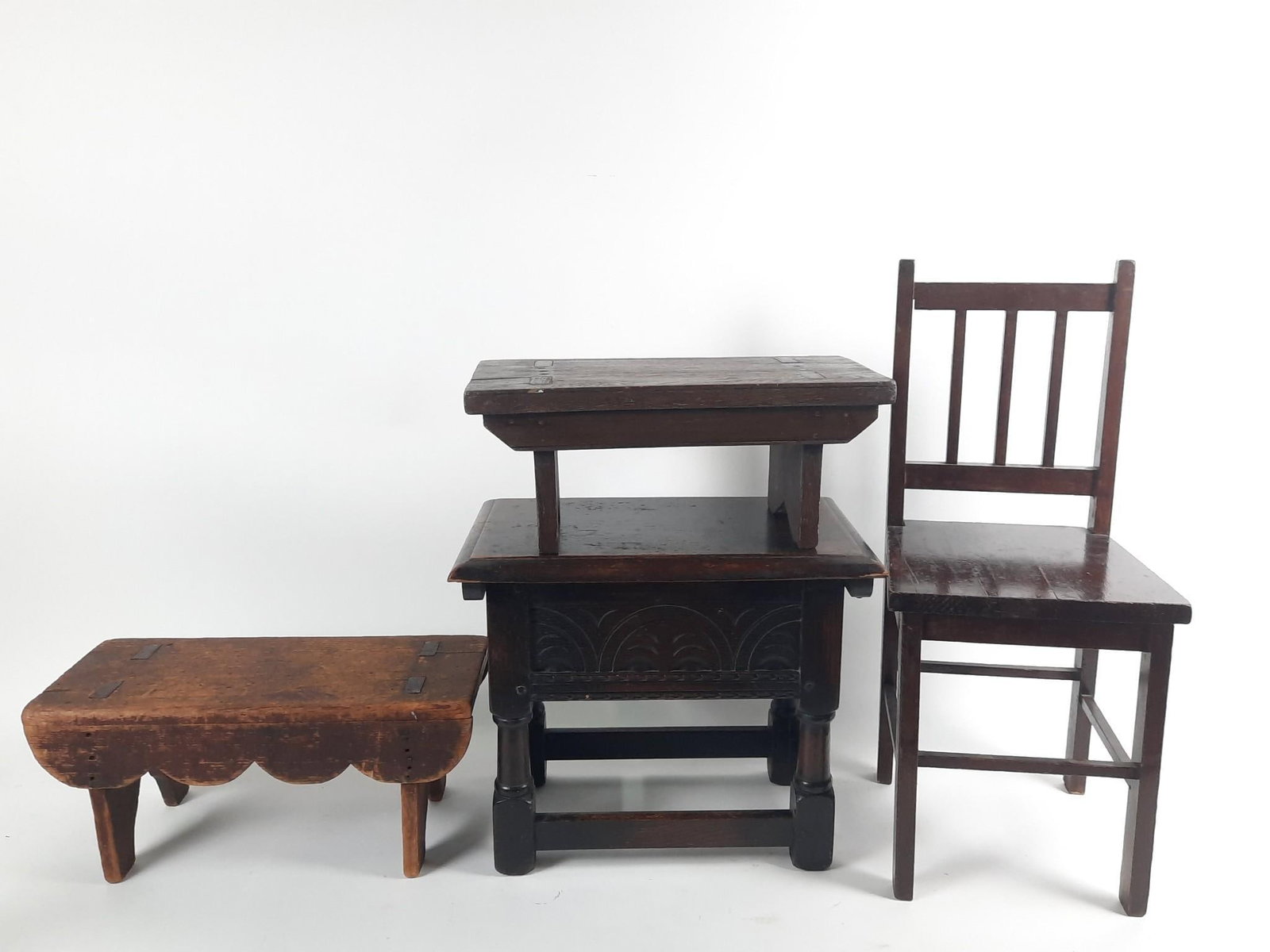 3 Wood Benches and Child's Chair: 6-3/4" to 25-1/4" high. Some wear consistent with age and use.