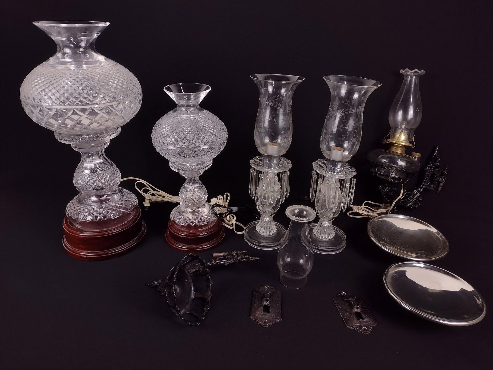 6 Glass Lamps incl Hanging Oil Sconces: Sconces with mercury glass reflectors. 11" to 19-3/4" high.