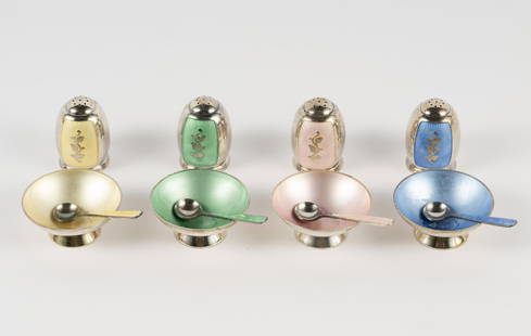Danish Volmer Bahner Guilloche Salts & Shakers: Danish silver guilloche by Volmer Bahner. Includes: four 1-1/2" pepper shakers, four 1-7/8" salt bowls, and four 2-5/16" spoons in pastel yellow, pink, blue and green. Approximately 6.0 troy ounces to