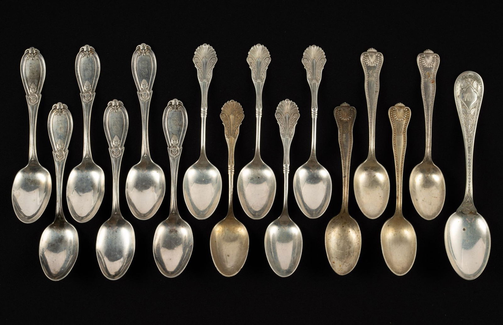 16 Sterling Silver Spoons: Includes George W. Shiebler & Co.; Frank Smith; Bailey, Banks & Biddle; and J. Stevenson & Son. 5-7/8" to 6-7/8" long. 13.64 ozt total.