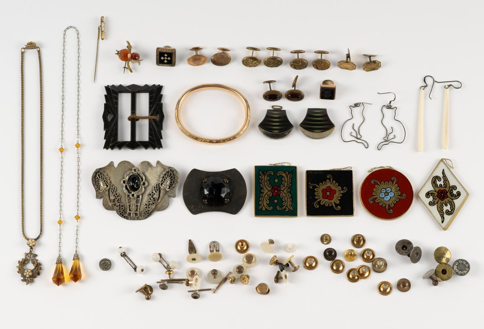Grouping of Antique & Vintage Jewelry: Includes gold-filled bangle bracelet, hand-painted porcelain stick pin with initial "K", art deco buckles including marked Germany, lariat necklace, Victorian gold-filled necklace with seed pearls, mo