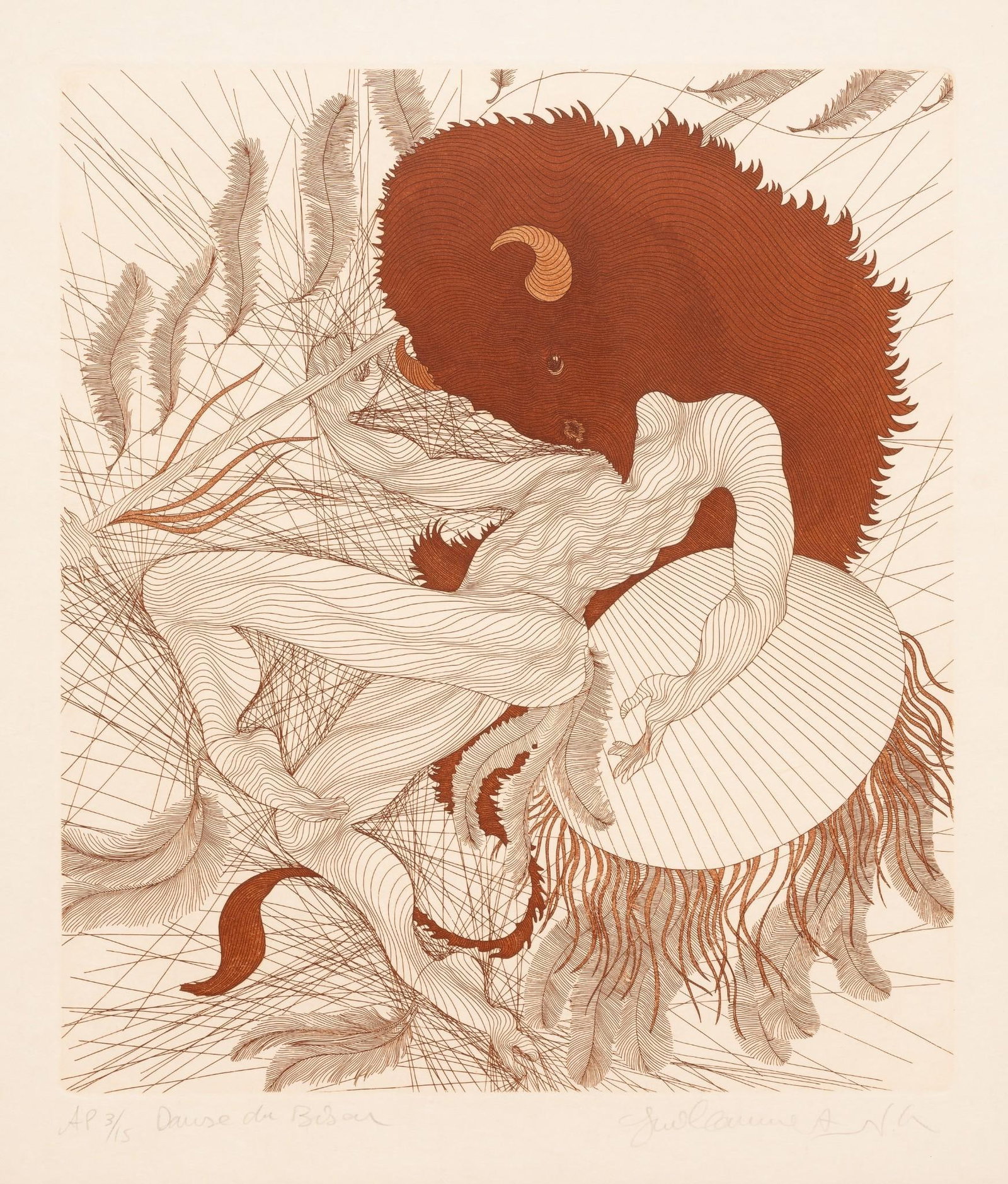 Guillaume Azoulay "Dance de Bison" Etching: NOT ELIGIBLE FOR IN-HOUSE SHIPPING. Etching on japon paper. Marked AP 3/15 on lower left. Azoulay (1949-present) is a self taught artist. His art centers on his ability to convey the purity of line to