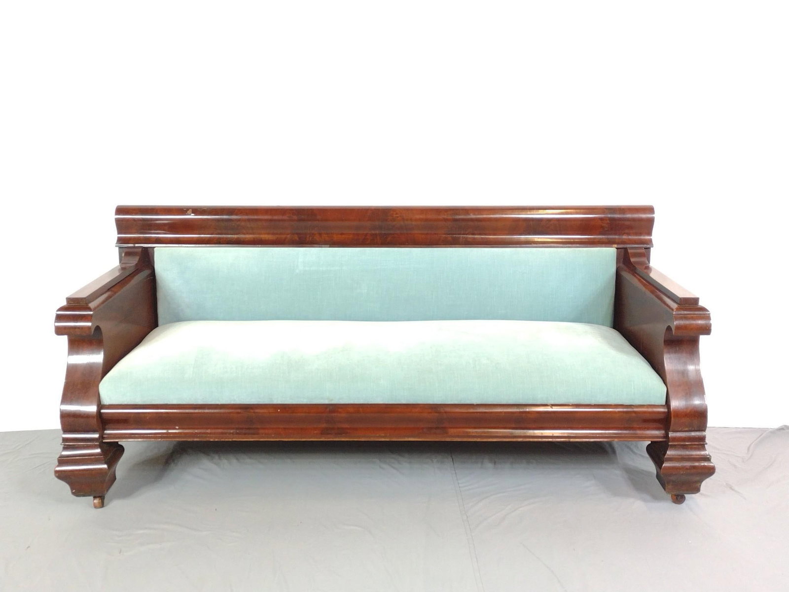 Attributed Meeks Empire Sofa: NOT ELIGIBLE FOR IN-HOUSE SHIPPING. 82" wide X 28" deep X 36" high. Has some scratches. Also has some discoloring to fabric. Right side armrest starting to split.
