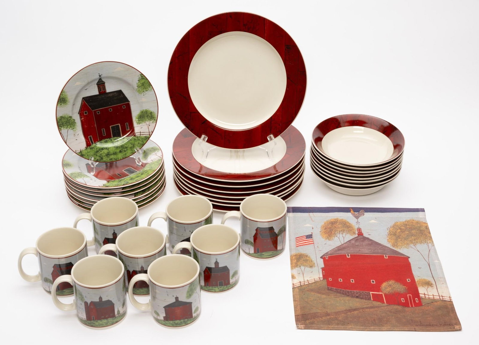 32 Pcs Warren Kimble "Barns" Dinnerware & Flag (1 of 8)