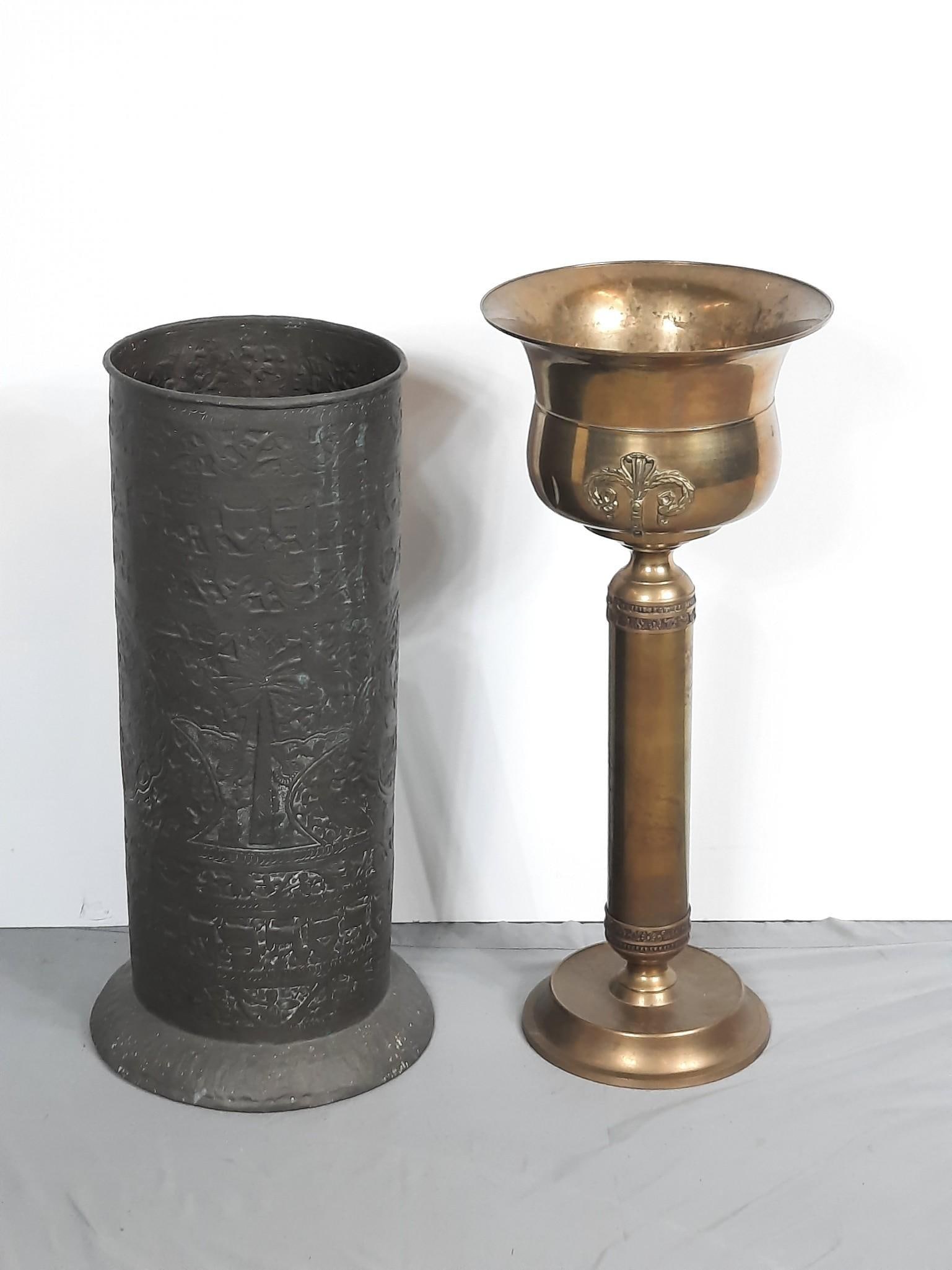 Umbrella Holder and Brass Champagne Bucket: NOT ELIGIBLE FOR IN-HOUSE SHIPPING. 11-1/2" to 13" diameter x 25-1/2" to 27-1/2" high. Champagne bucket: 2 pieces. Oxidation and discoloration. Umbrella holder: some oxidation and discoloration.