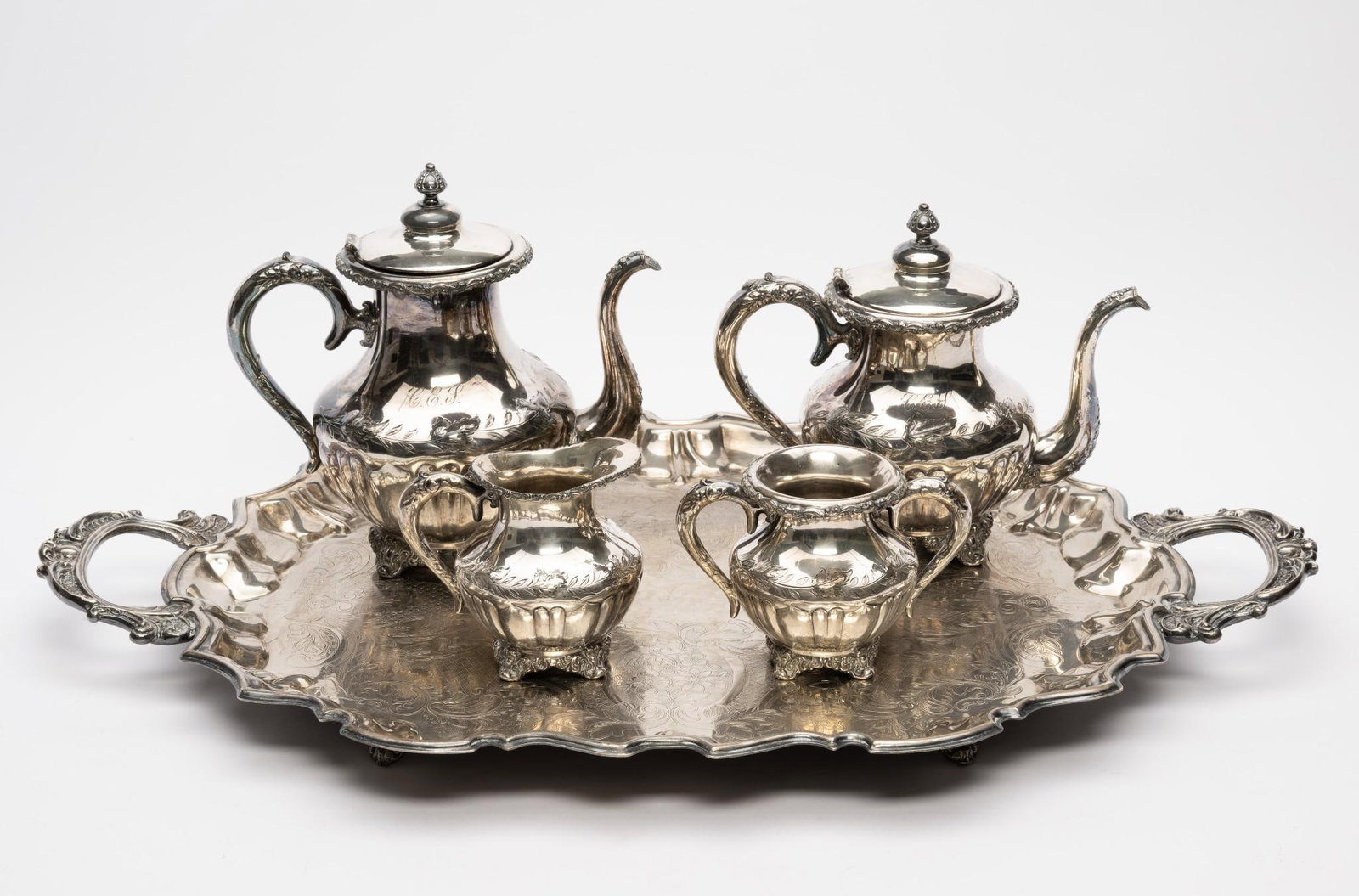 Eureka Quadruple Plate Tea Set and Tray: NOT ELIGIBLE FOR IN-HOUSE SHIPPING. Tray 27" x 17".