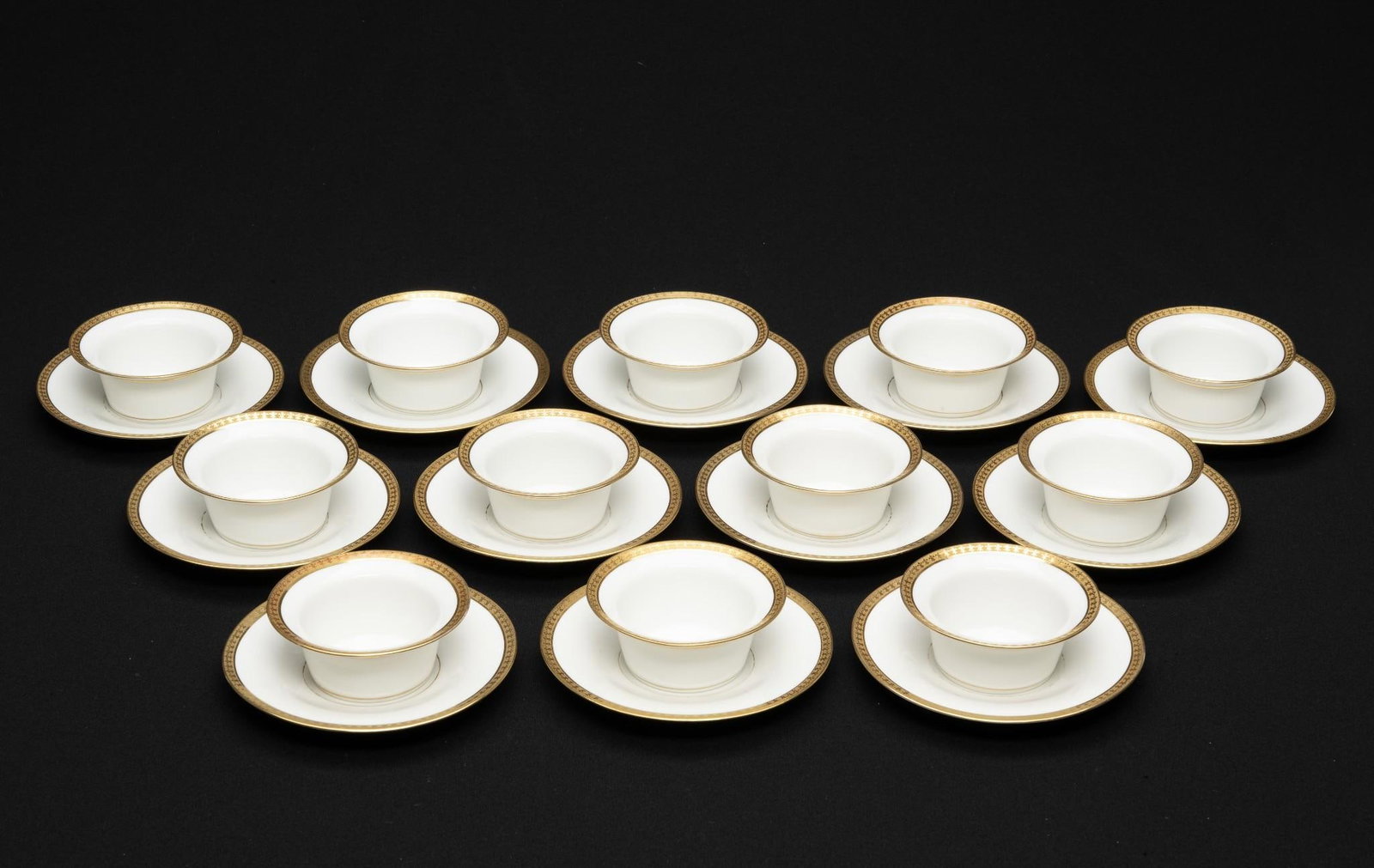 Set of 12 Limoges Ramekins & Saucers: Includes 12 ramekins and 12 saucers. Ramekins measure 3-3/4" diameter x 1-1/2" high. Saucers measure 5-1/2" diameter x 3/4" high.