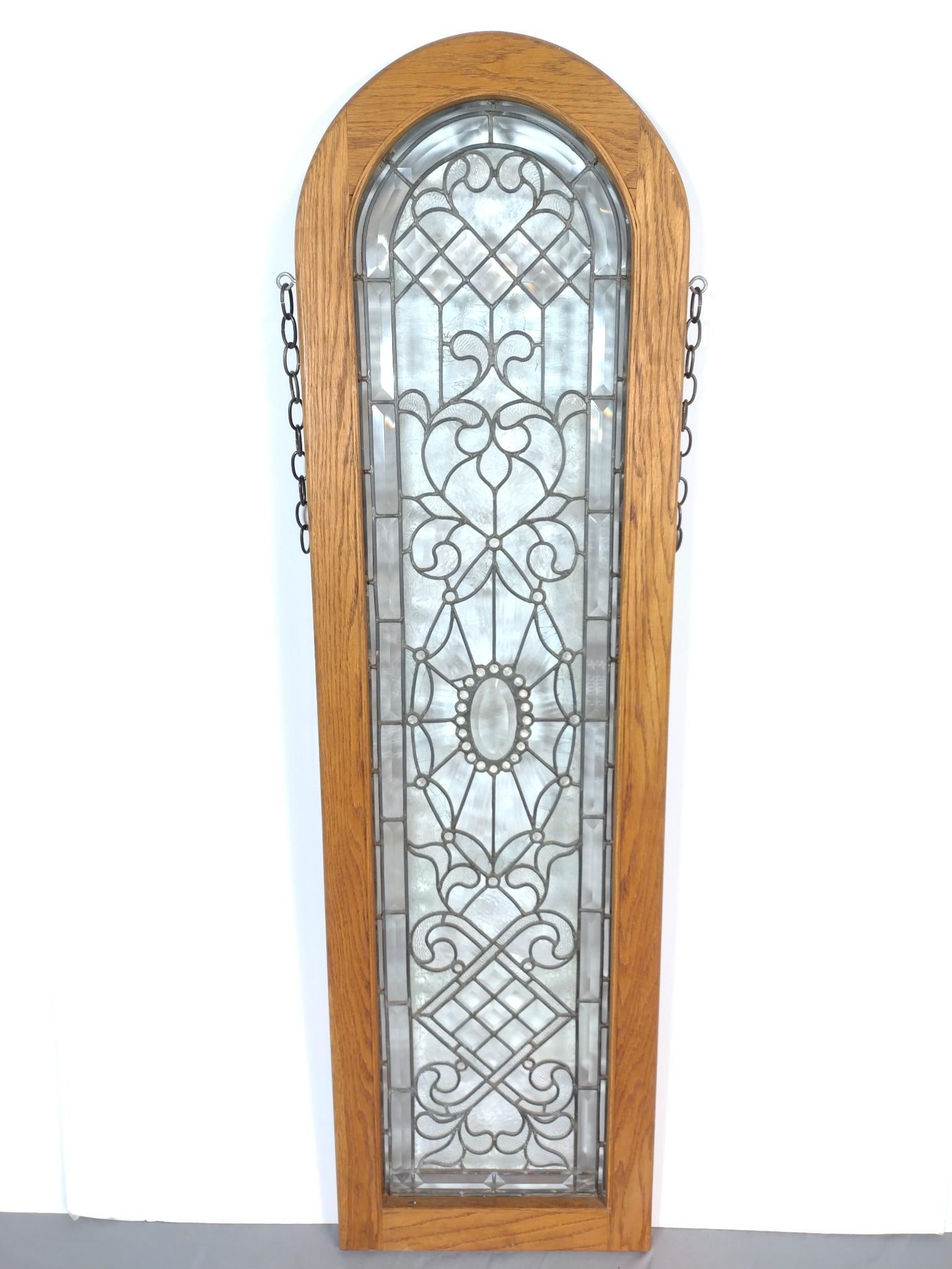 Philadelphia Window Side Light Pane: NOT ELIGIBLE FOR IN-HOUSE SHIPPING. 59" x 16-3/4". Some discoloration to wood frame. Per consignor, window is from Philadelphia, PA.