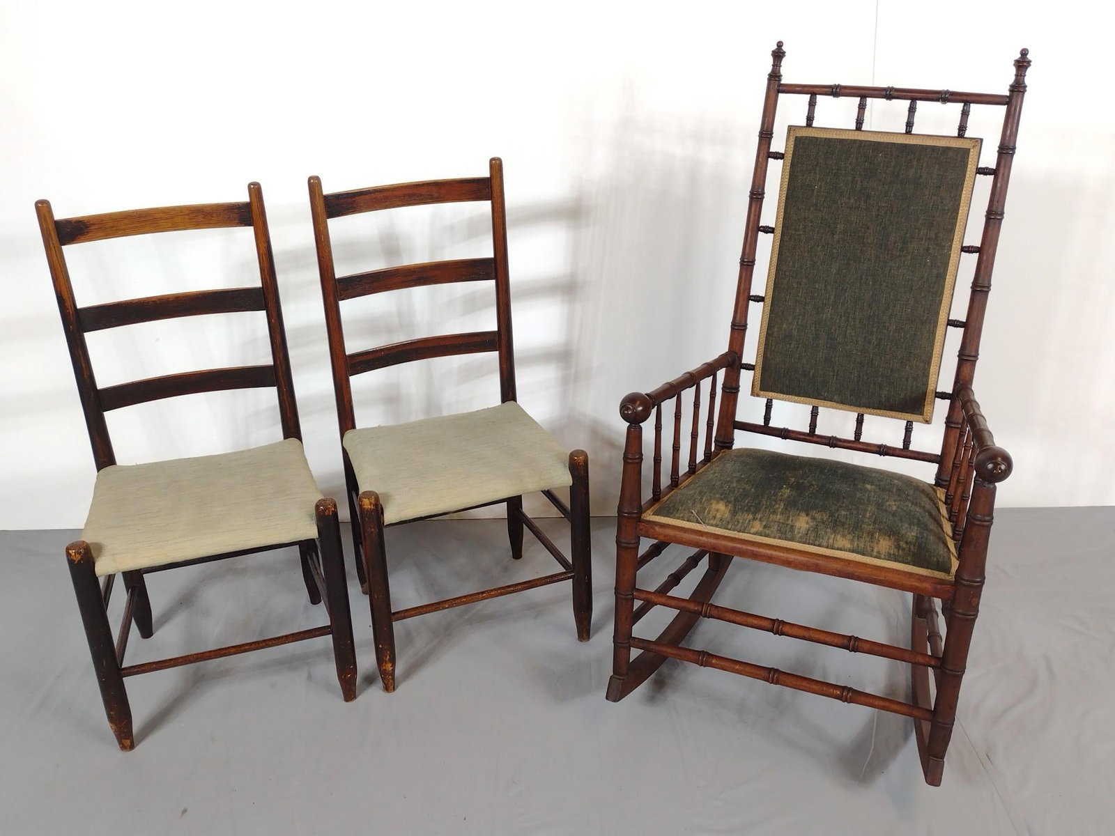 Rocking Chair & 2 Ladder Back Chairs: NOT ELIGIBLE FOR IN-HOUSE SHIPPING. Rocking Chair 23" wide X 34" deep X 43-1/2" high. Ladder Back Chairs 17" wide X 14-1/2" deep X 35-1/4" high. All have some scratches.