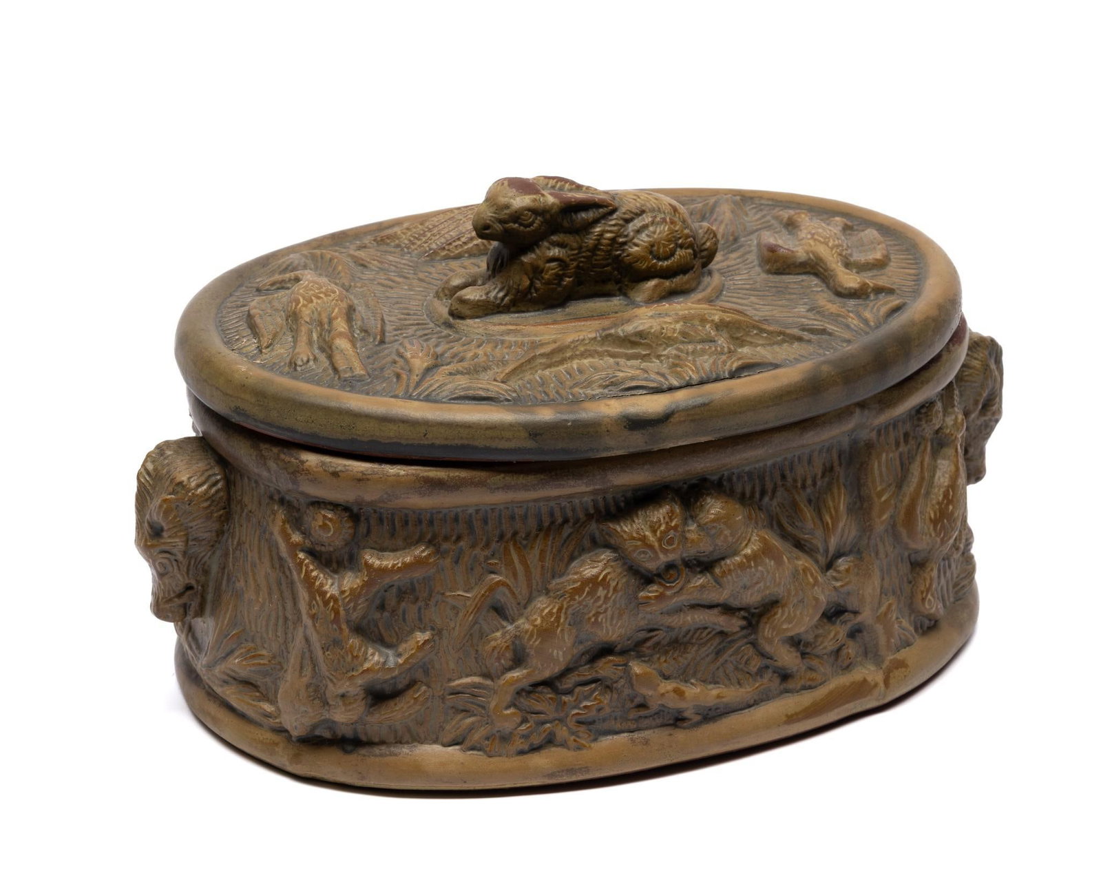 Wedgwood Caneware Game / Animal Box: Decorated with game scenes. Handles are boar's heads. Hare handle on lid. 10" wide x 5" high.