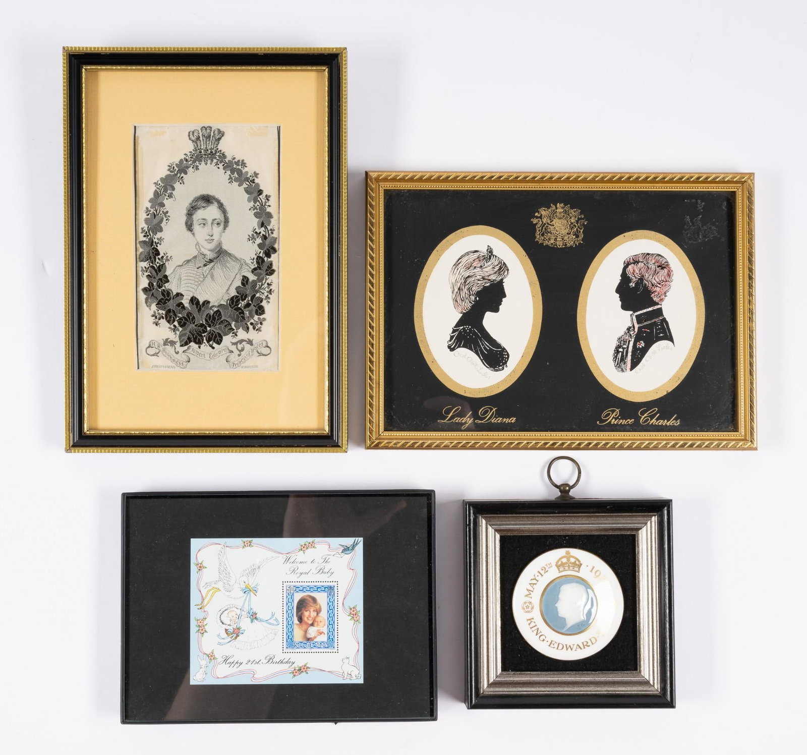 4 Framed Royal Commemoratives: Includes Royal Baby stamp, King Edward medallion, and wedding commemorative. Largest 9-1/4" x 6-1/2".