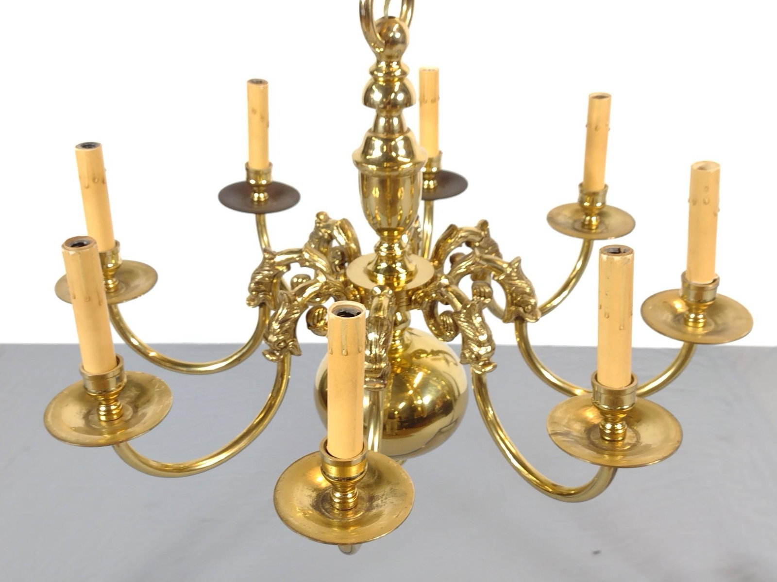 Brass Chandelier: NOT ELIGIBLE FOR IN-HOUSE SHIPPING. 25" diameter X 20" high.