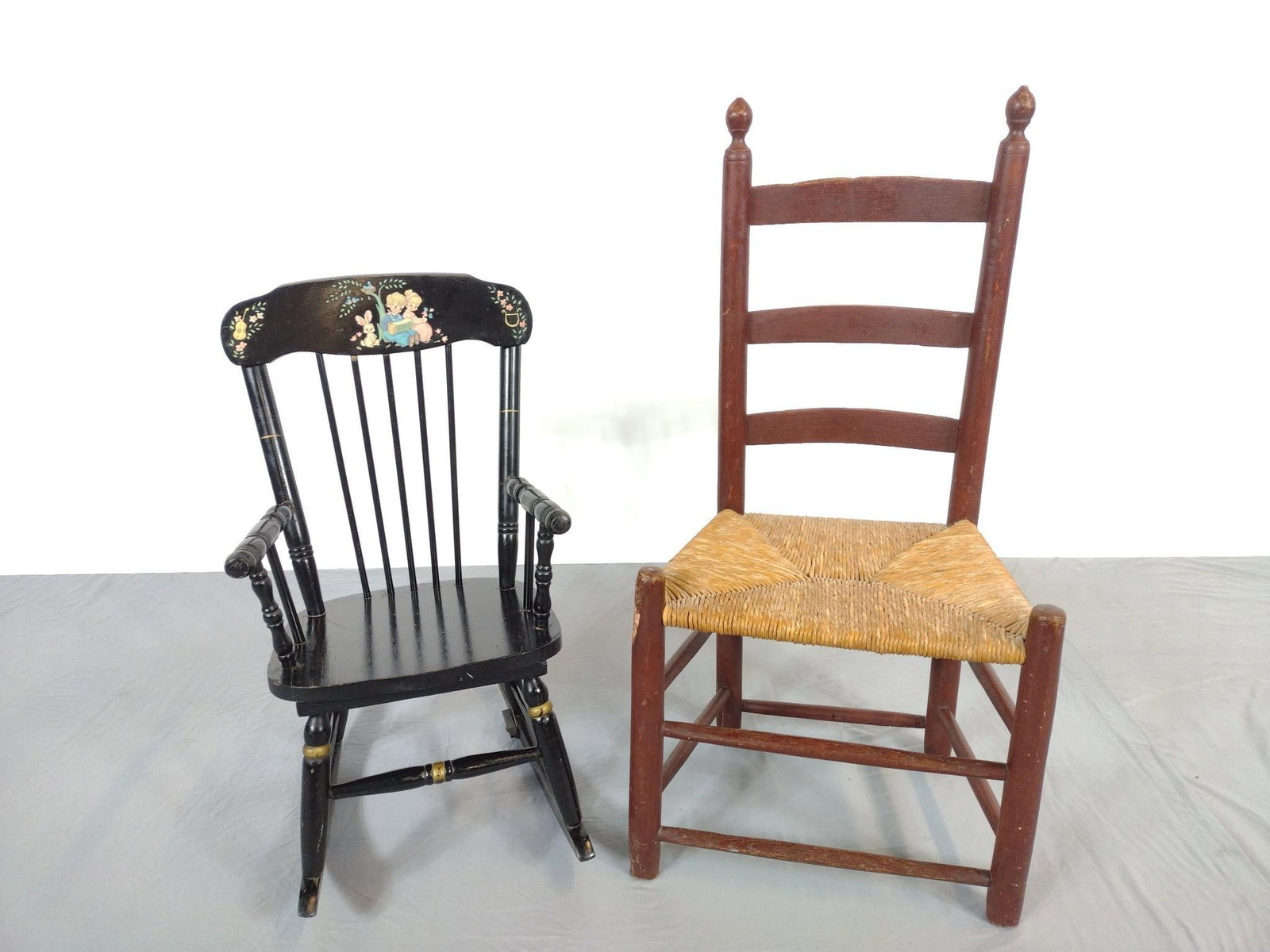Musical Rocker & Ladder Back Chair: NOT ELIGIBLE FOR IN-HOUSE SHIPPING. Rocker 14-1/2" wide X 21" deep X 28" high. Ladder Back Chair 18" wide X 14" deep X 36" high. Both have some scratches.