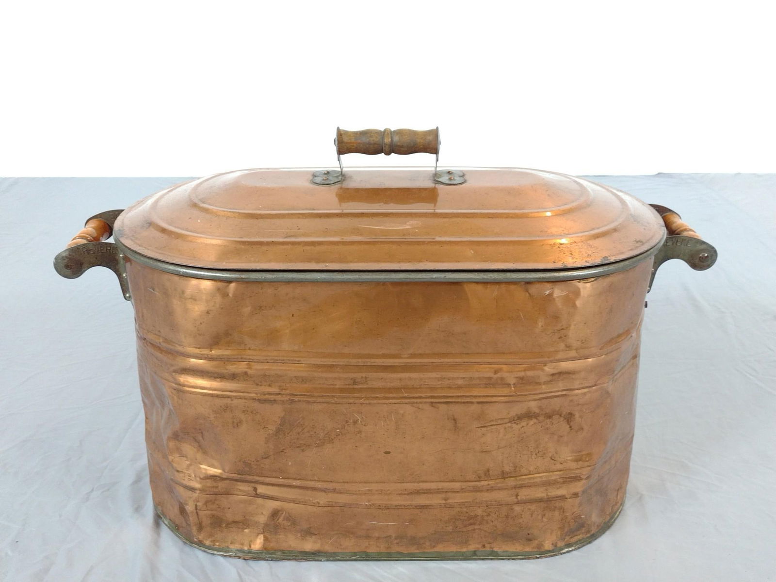 Revere Copper Boiler: NOT ELIGIBLE FOR IN-HOUSE SHIPPING. 27" wide X 13" deep X 17-1/2" high. Has some dents and discoloring.