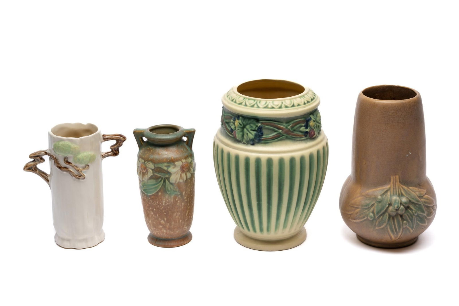 4 Attributed Roseville Vases: All unmarked. 3" to 5-1/2" wide x 6" to 8" high.