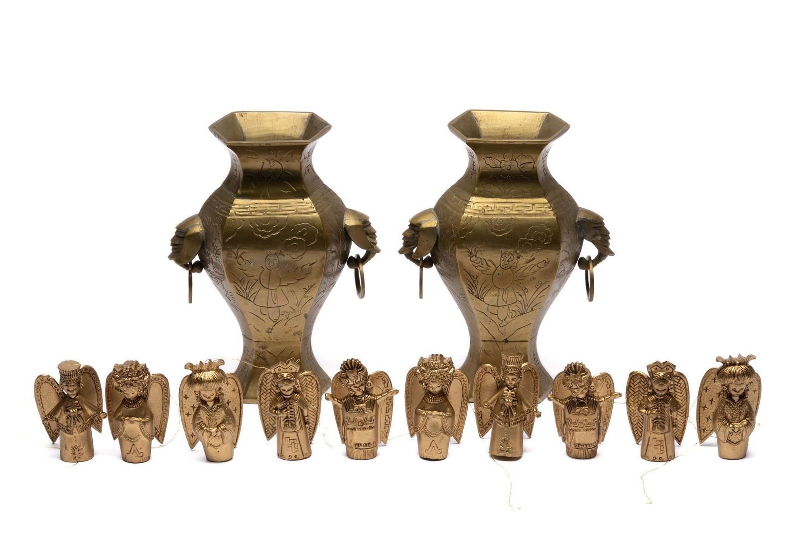 Pr. Brass Vases & 10 Wood Ornaments (1 of 7)