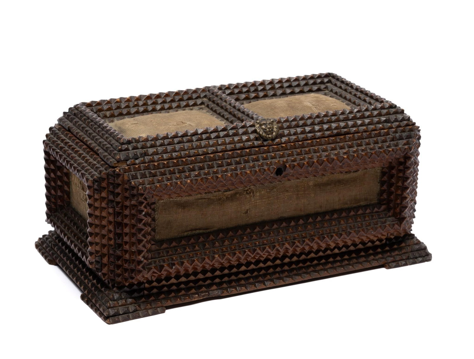 Tramp Art Wood Box: 10-3/4" wide x 6" deep x 4-1/2" high. Losses to lining. Losses to fabric on outside.