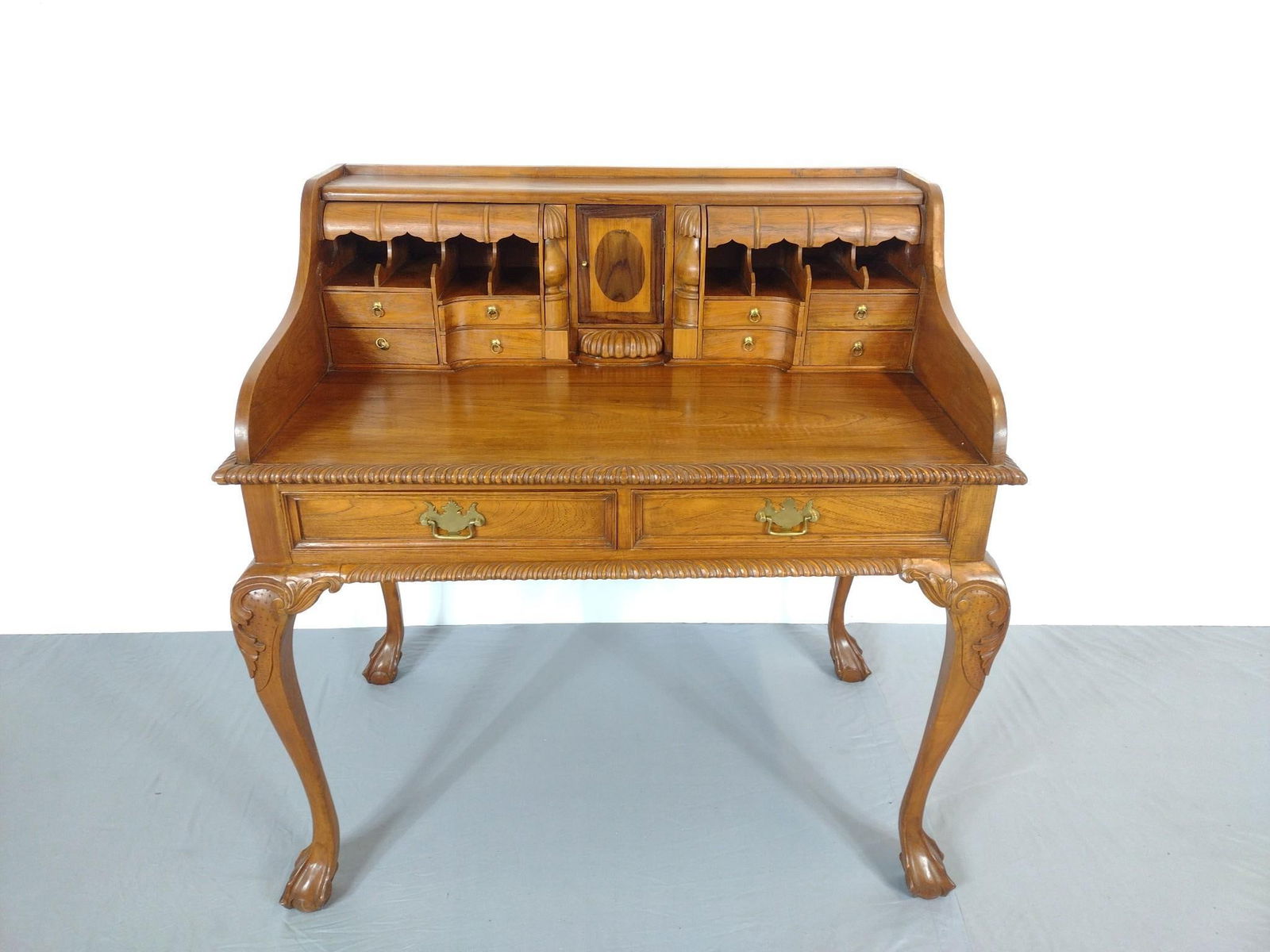 Chippendale Claw Foot Writing Desk: NOT ELIGIBLE FOR IN-HOUSE SHIPPING. 41" wide X 26" deep X 42-1/2" high. Has some light scratches. No manufactures name found.