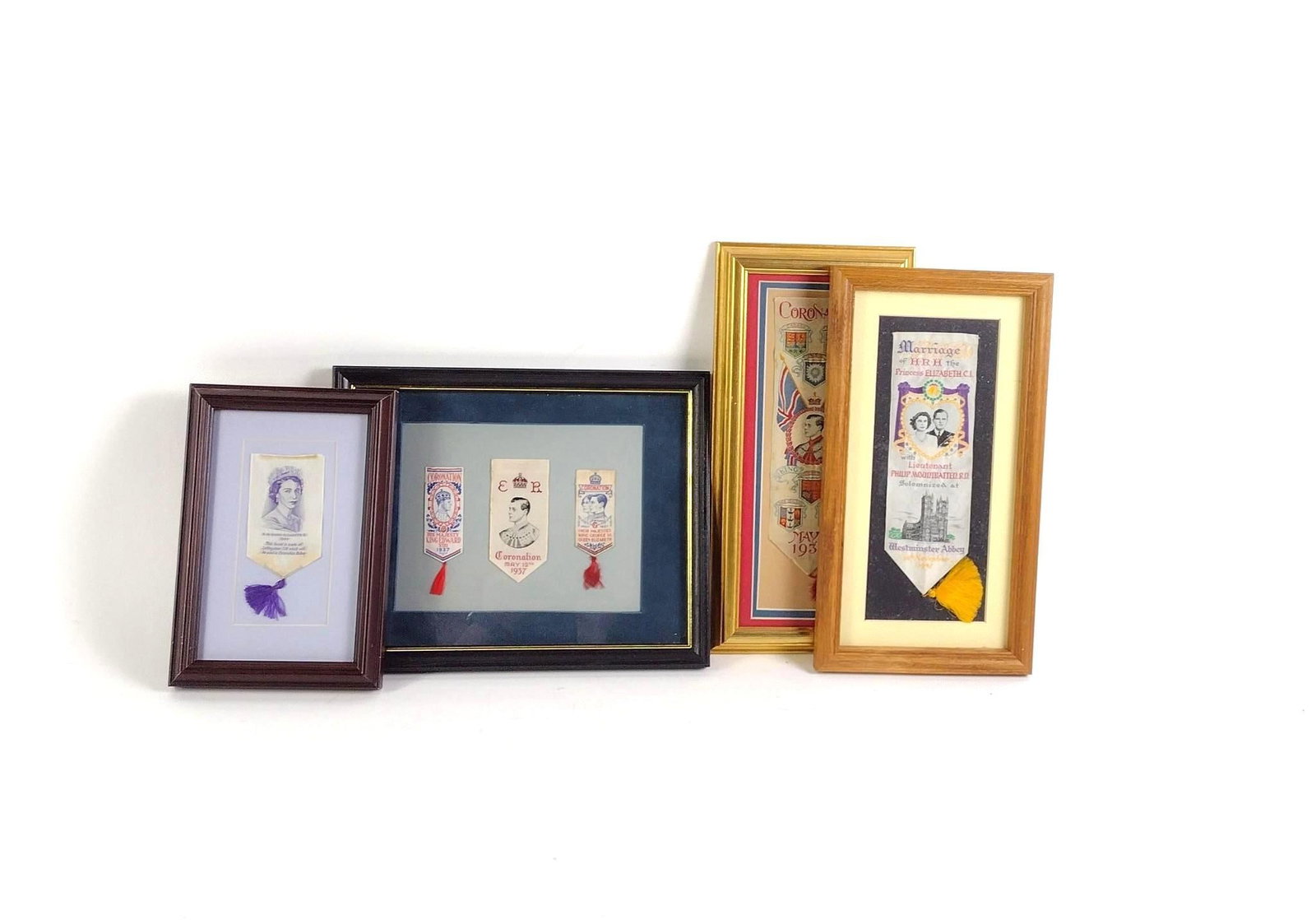 4 Framed Royal Family Coronation and Wedding Ribbons: Includes Edward VIII, George VI, and Queen Elizabeth. 9-1/4" to 9-1/2" long x 6-1/4" to 12" wide.
