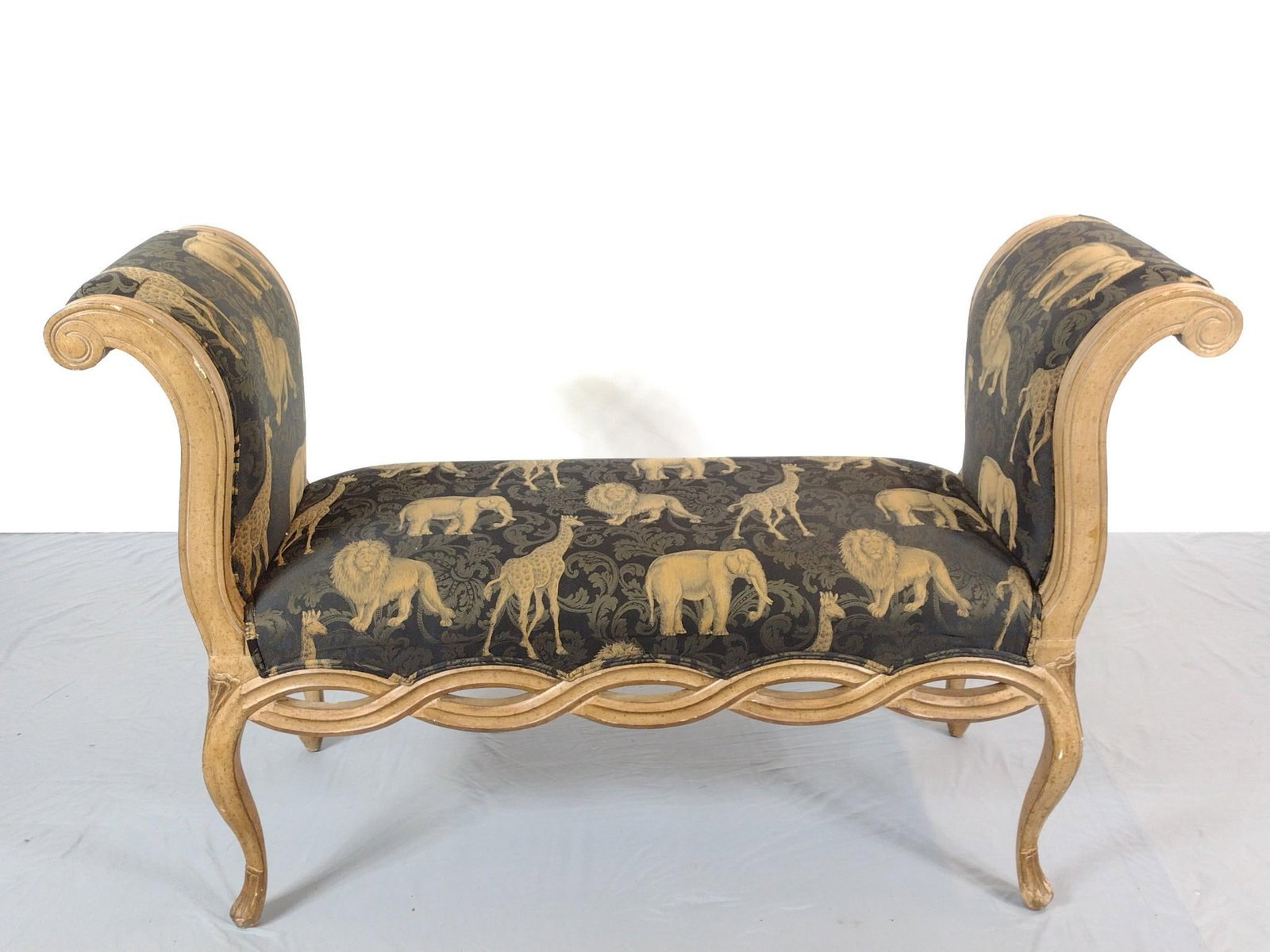 African Animal Print Bench: NOT ELIGIBLE FOR IN-HOUSE SHIPPING. 56" wide X 18" deep X 35-1/2" high. No manufactures name found.