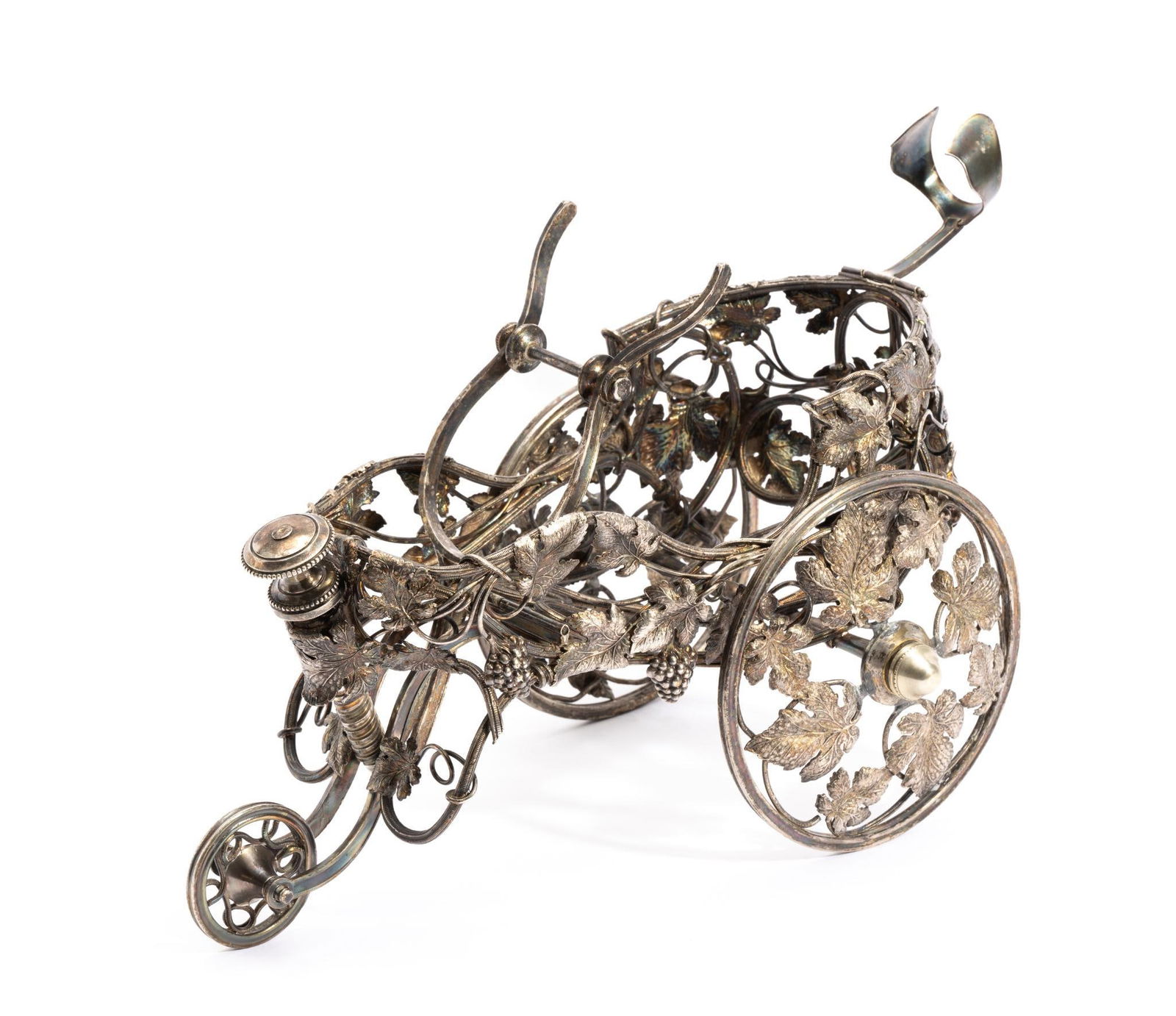 1800's Christofle Silver Plate Wine Trolley: Christofle wine chariot is not polished-out nor does it have wear, damage or show-through on the silver plate. A knob with acme-threading adjusts the title of the bottle. Stamped Christofle and with s