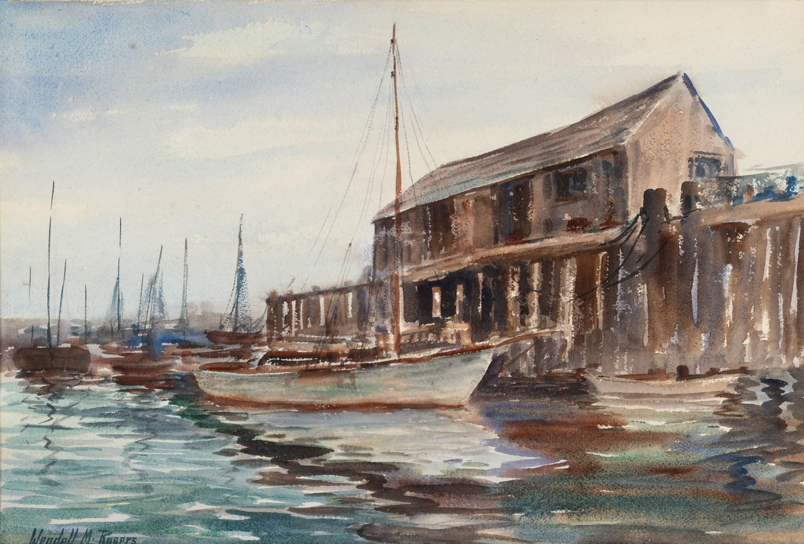 Wendell M. Rogers (American, 1890-1973): NOT ELIGIBLE FOR IN-HOUSE SHIPPING. Maritime watercolor on paper. Wendell M. Rogers (1890 - 1973) was active/lived in Massachusetts. Rogers is known for figure, landscape, marine, portrait. 14" X 21",