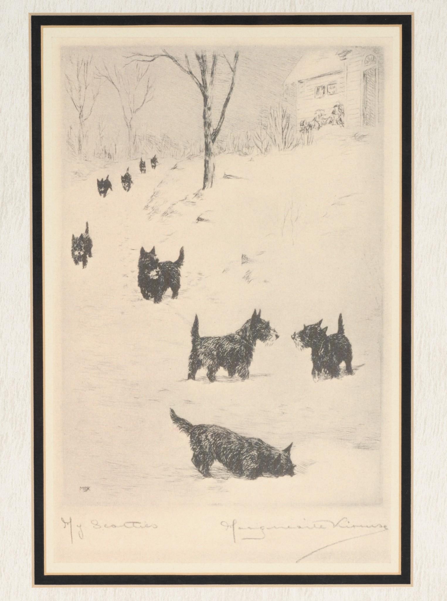 Marguerite Kirmse (CT/UK 1885-1954) ‘My Scotties’ Print: NOT ELIGIBLE FOR IN-HOUSE SHIPPING. Marguerite Kirmse (1885 - 1954) was active/lived in Connecticut / United Kingdom. Marguerite Kirmse is known for Illustrations, etching, sculpture. Signed lower rig