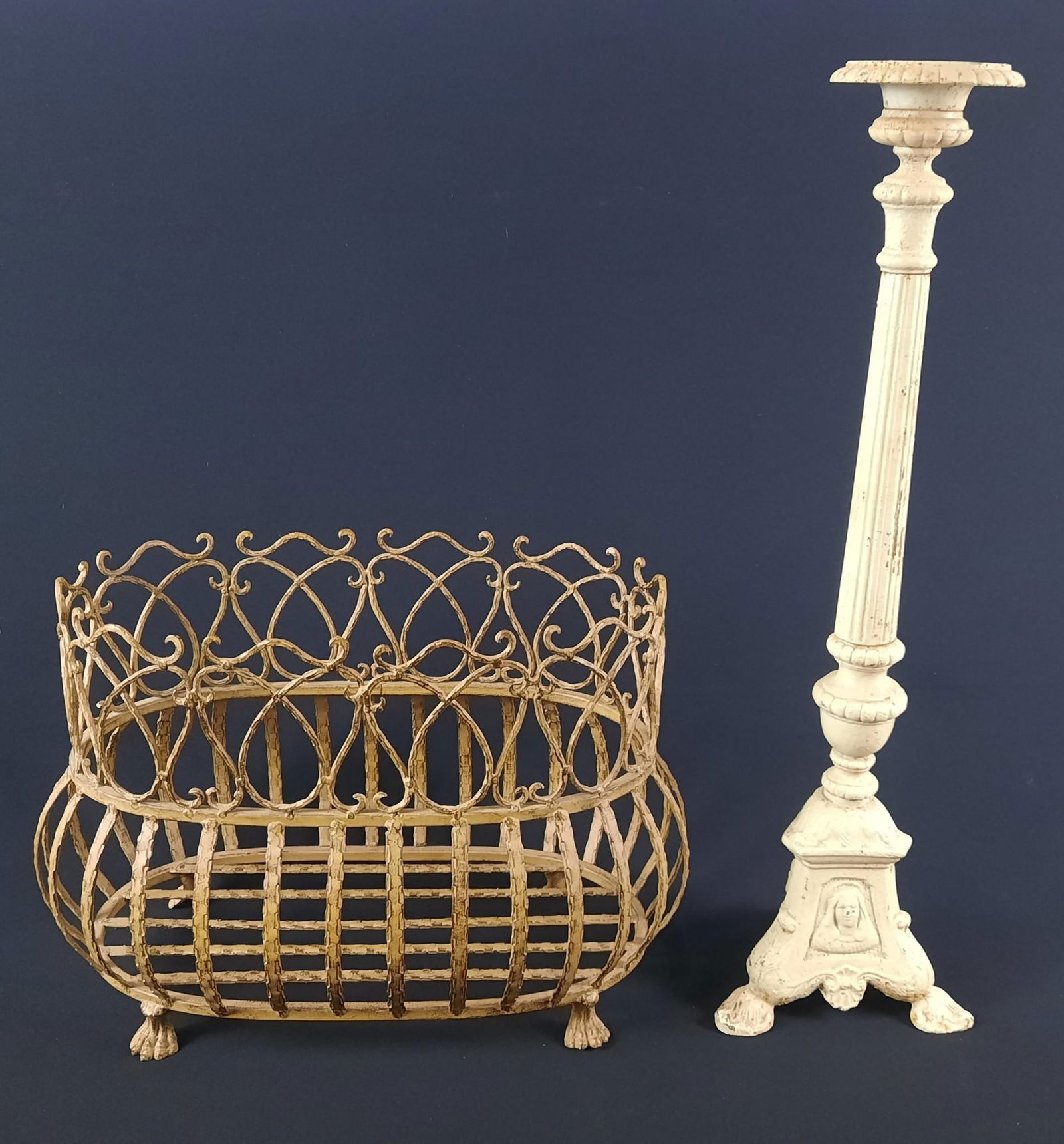 Cast Iron Candle Spike and Metal Planter Basket (1 of 4)