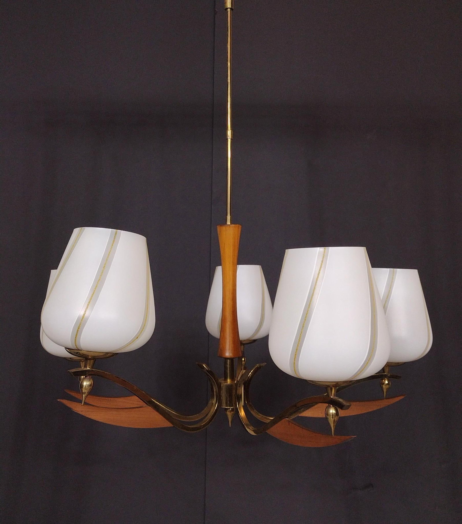 Mid Century Style Hanging Light: NOT ELIGIBLE FOR IN-HOUSE SHIPPING. 24" diameter X 29-1/2" high. One wood panel has split. Brass finish has some losses.