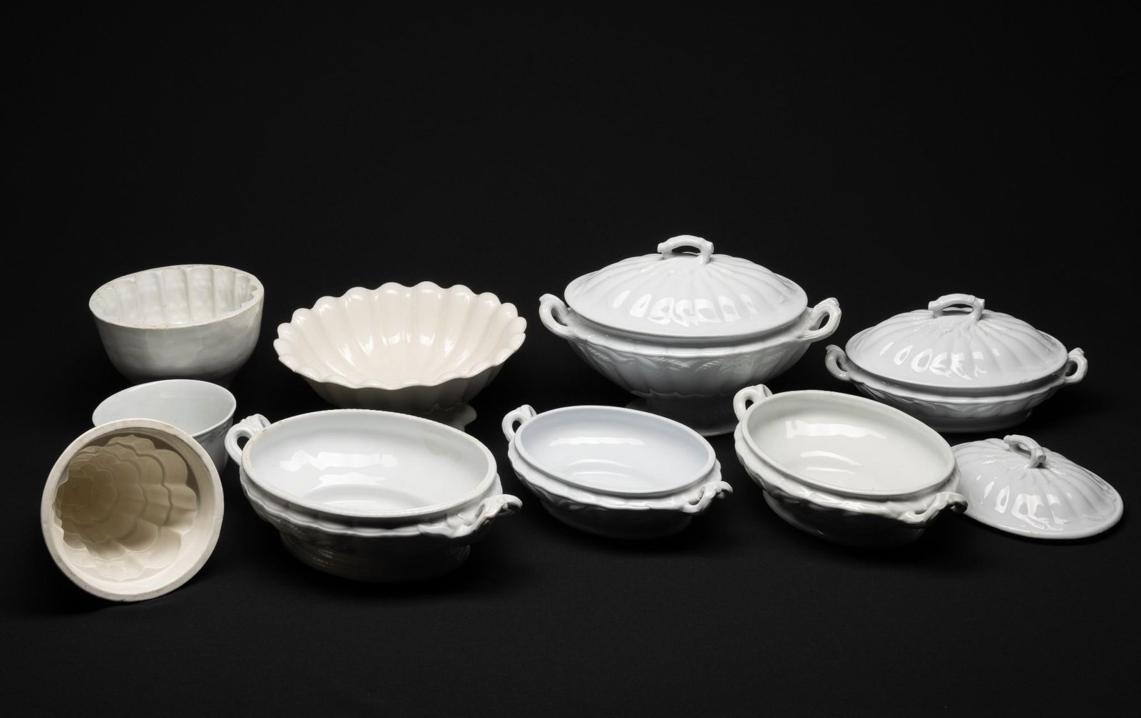 12 White Ceramics incl Ironstone: 5-3/4" to 12-1/4" wide x 3-3/4" to 7-1/2" high.