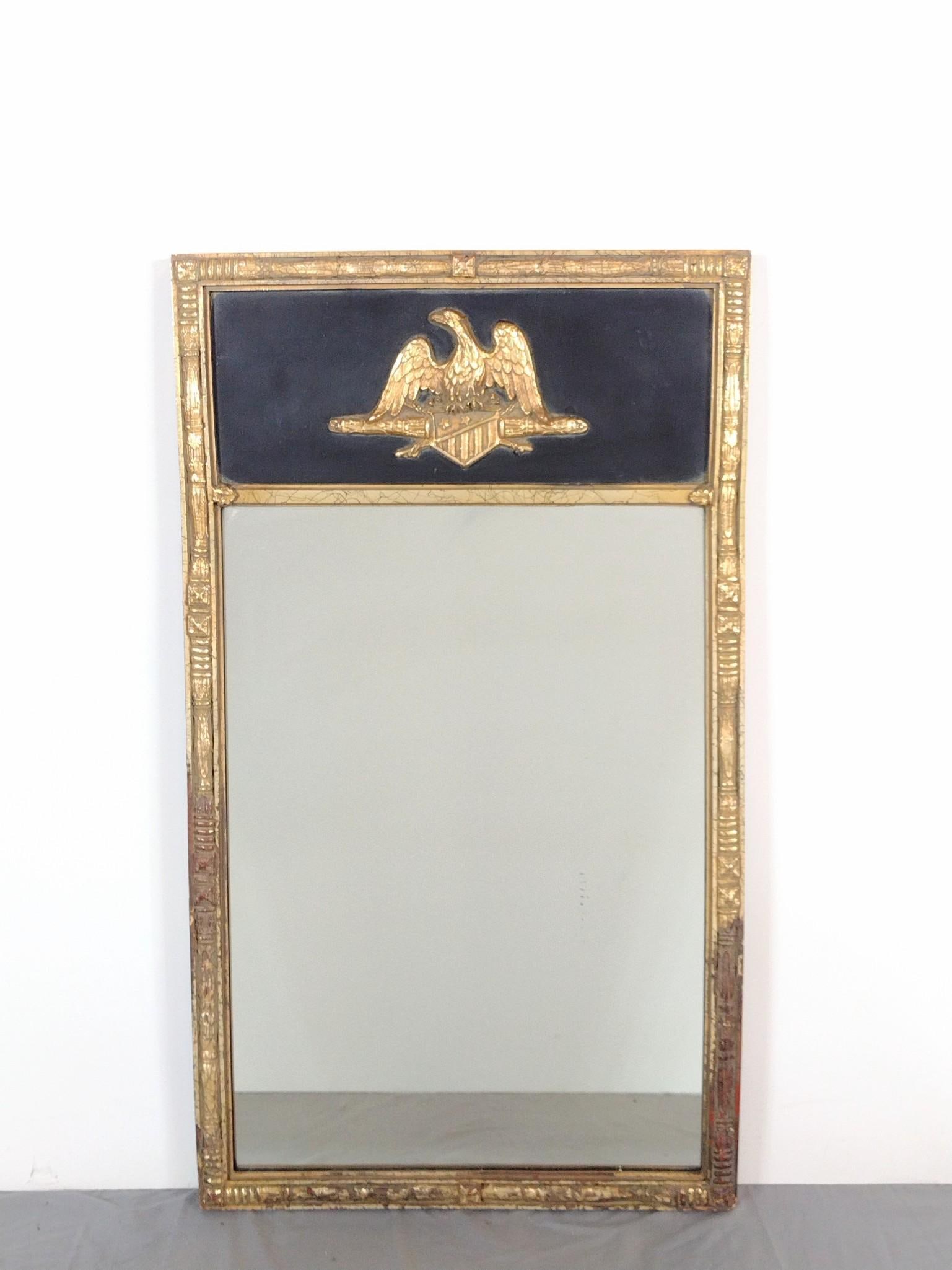 Federal Style Mirror: NOT ELIGIBLE FOR IN-HOUSE SHIPPING. Gold frame with gold eagle decal. 38" high x 22" wide.