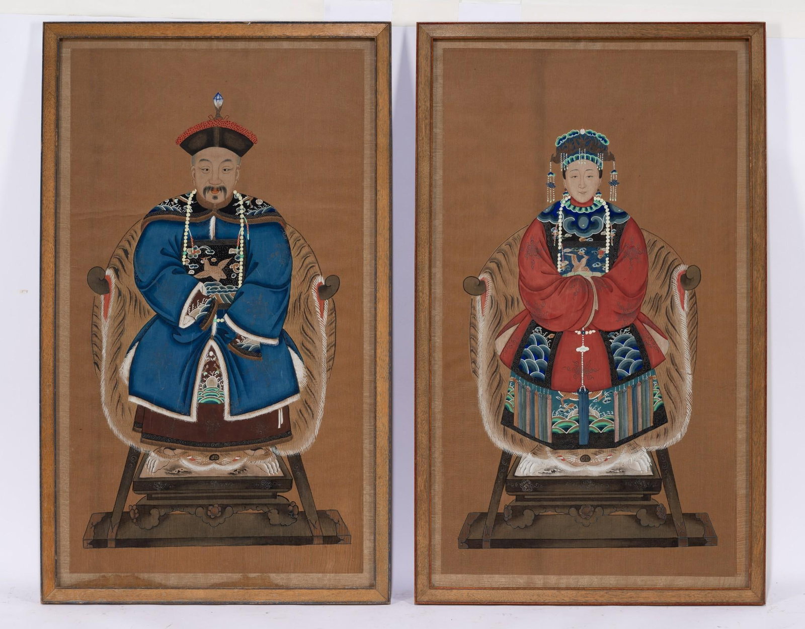 Asian Silk Empress & Emperor Painting: NOT ELIGIBLE FOR IN-HOUSE SHIPPING. Sight 24" high x 14" wide. Overall 25-1/2" high x 15-1/2" wide.