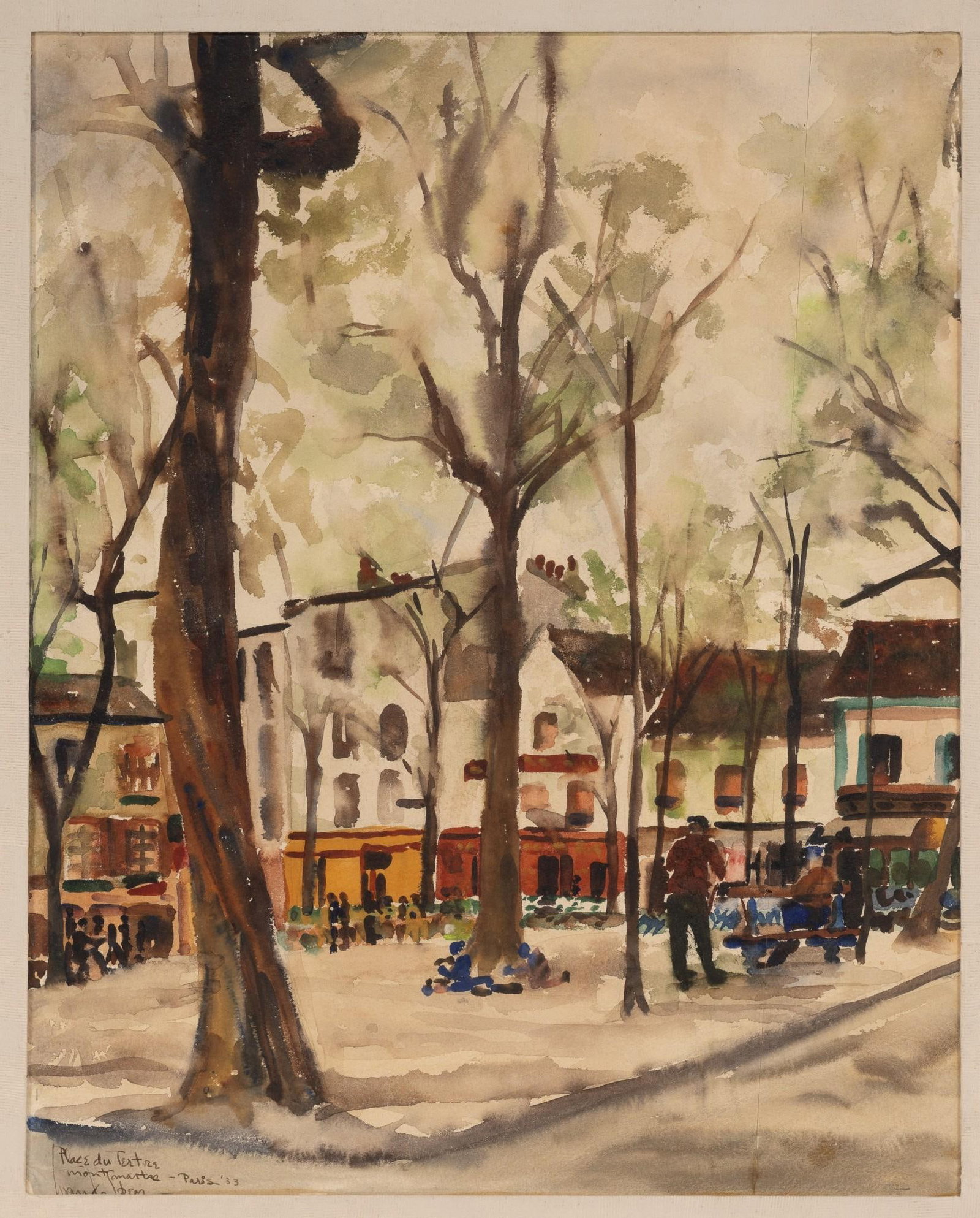 Henri Bouvrie Paris Street Scene Print: NOT ELIGIBLE FOR IN-HOUSE SHIPPING. Sight 19-1/4" high x 15" wide. Overall 31" high x 24-3/4" wide.