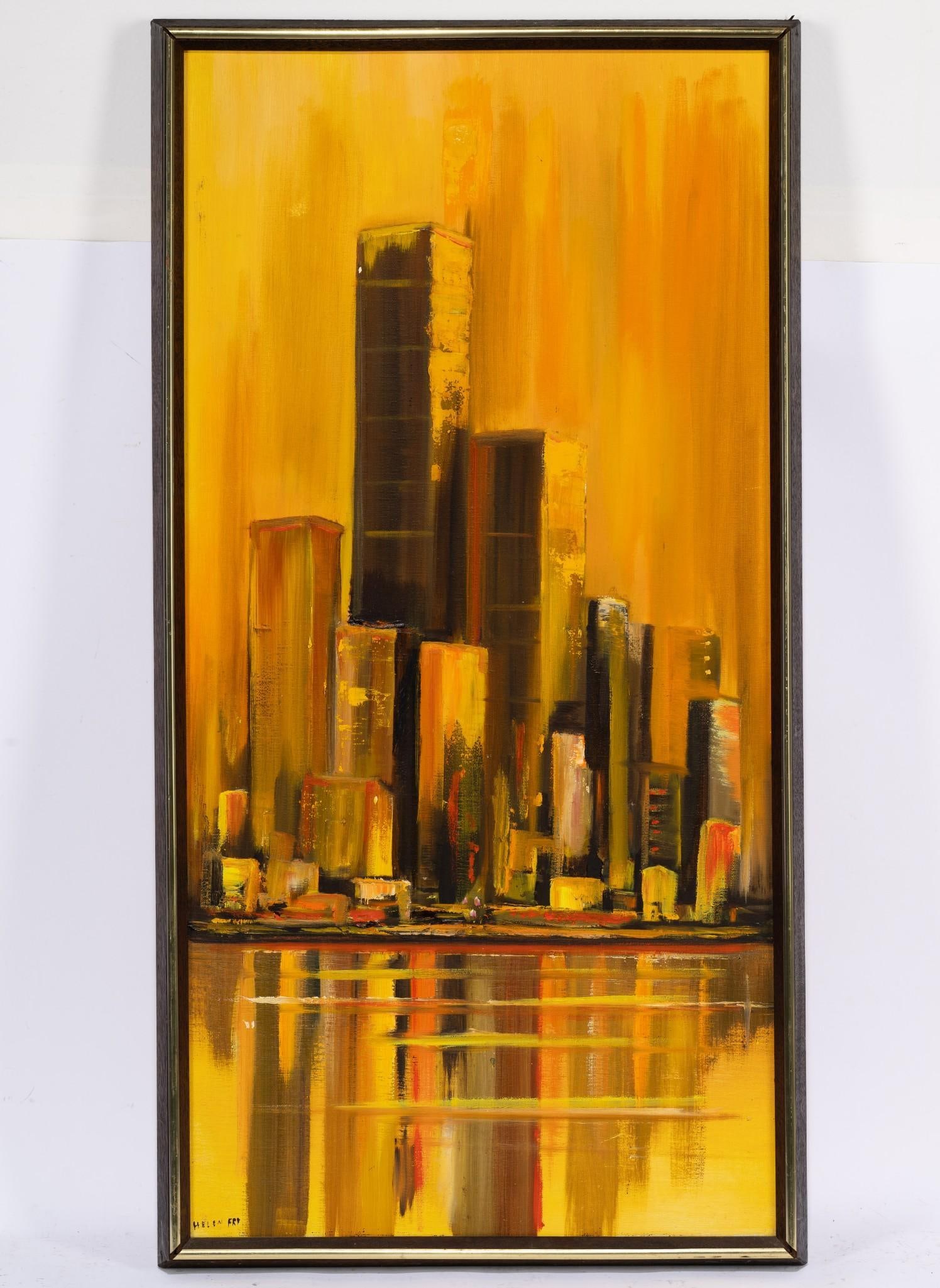 Helen Fry Cityscape: NOT ELIGIBLE FOR IN-HOUSE SHIPPING. Sight 29-1/2" high x 14-1/2" wide. Overall 31-1/4" high x 16-1/4" wide.