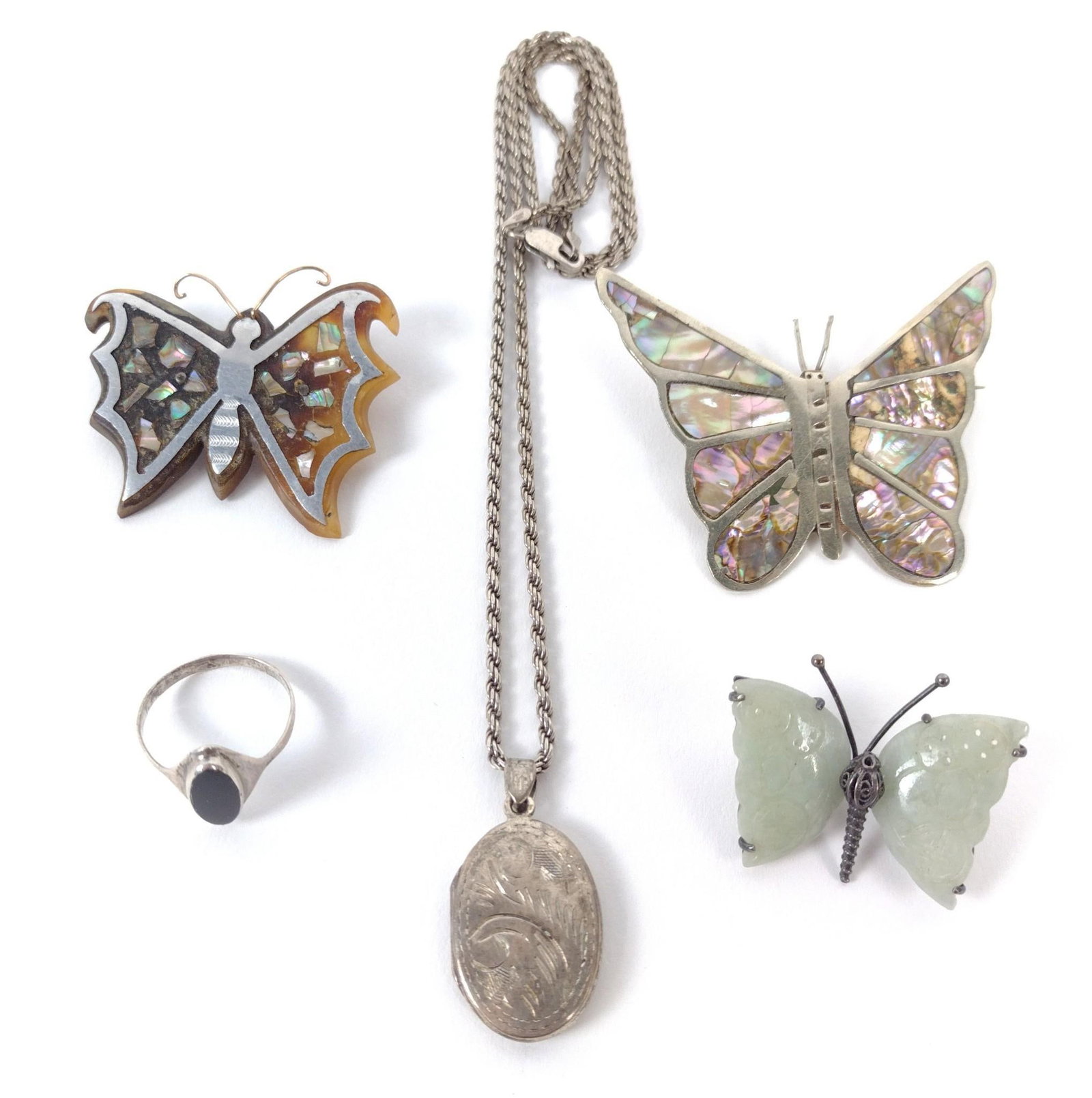 5 Pcs Sterling Jewelry: Includes locket necklace with 24" chain, ring size 10, and three butterfly pins/brooches.