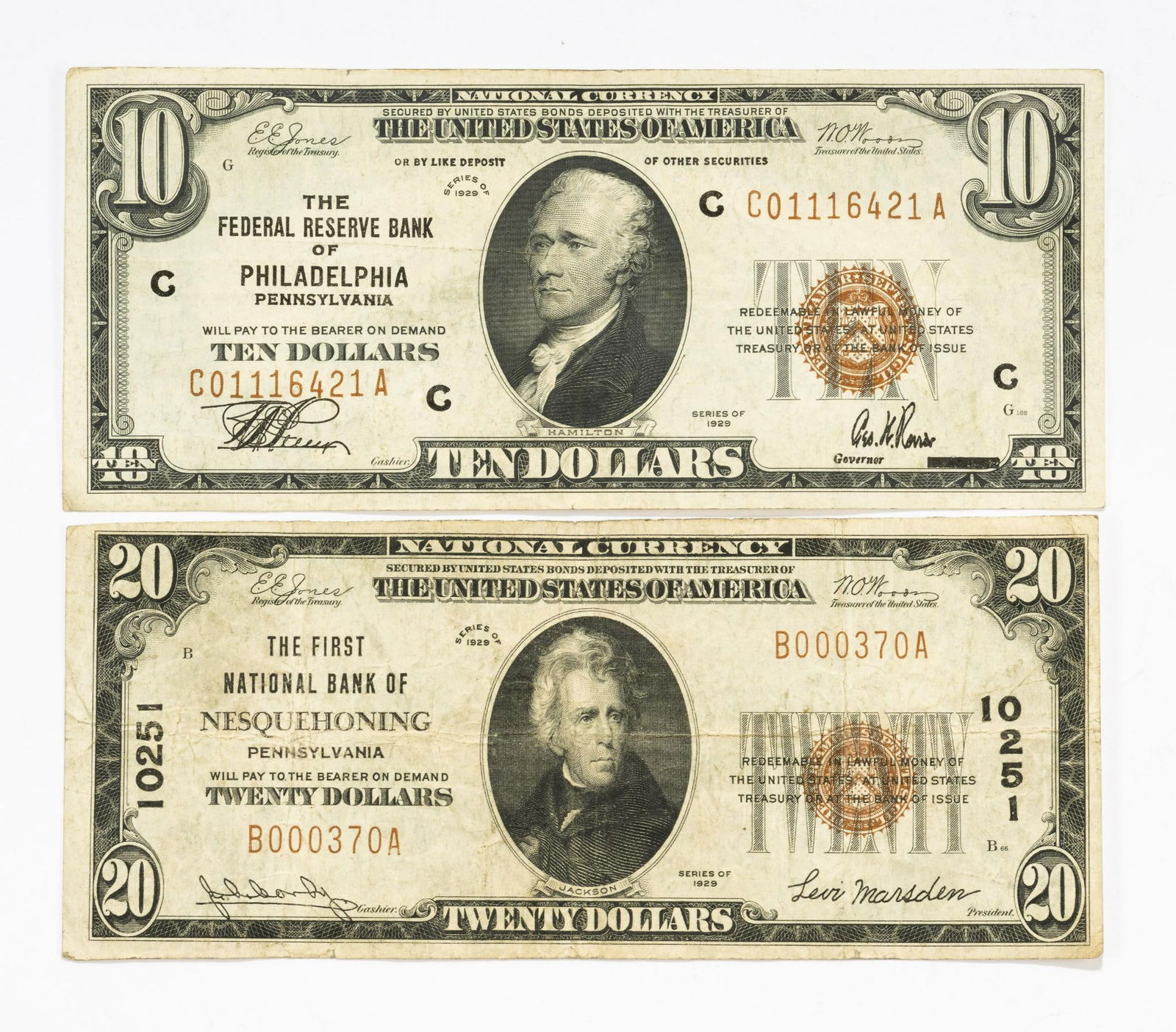 Two National Currency Bills 1929 $10 and $20 (1 of 2)