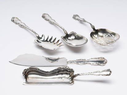5 Whiting Manufacturing Company Sterling Silver Serving Utensils: 8-1/2" to 12-1/4" long. Total 17.12 ozt.